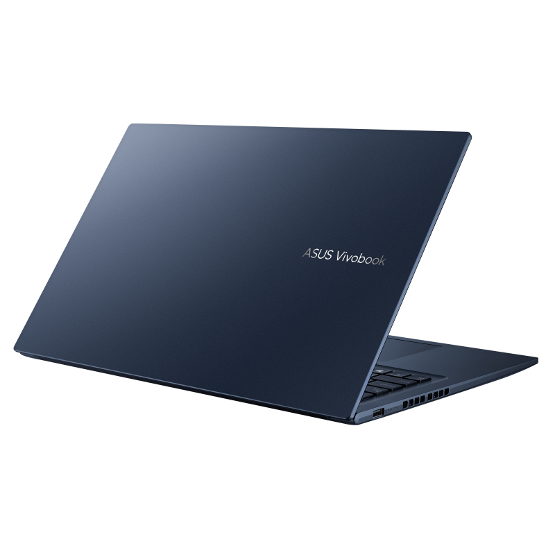 Portátil azul abierto en ángulo. Logotipo ASUS Vivobook visible.