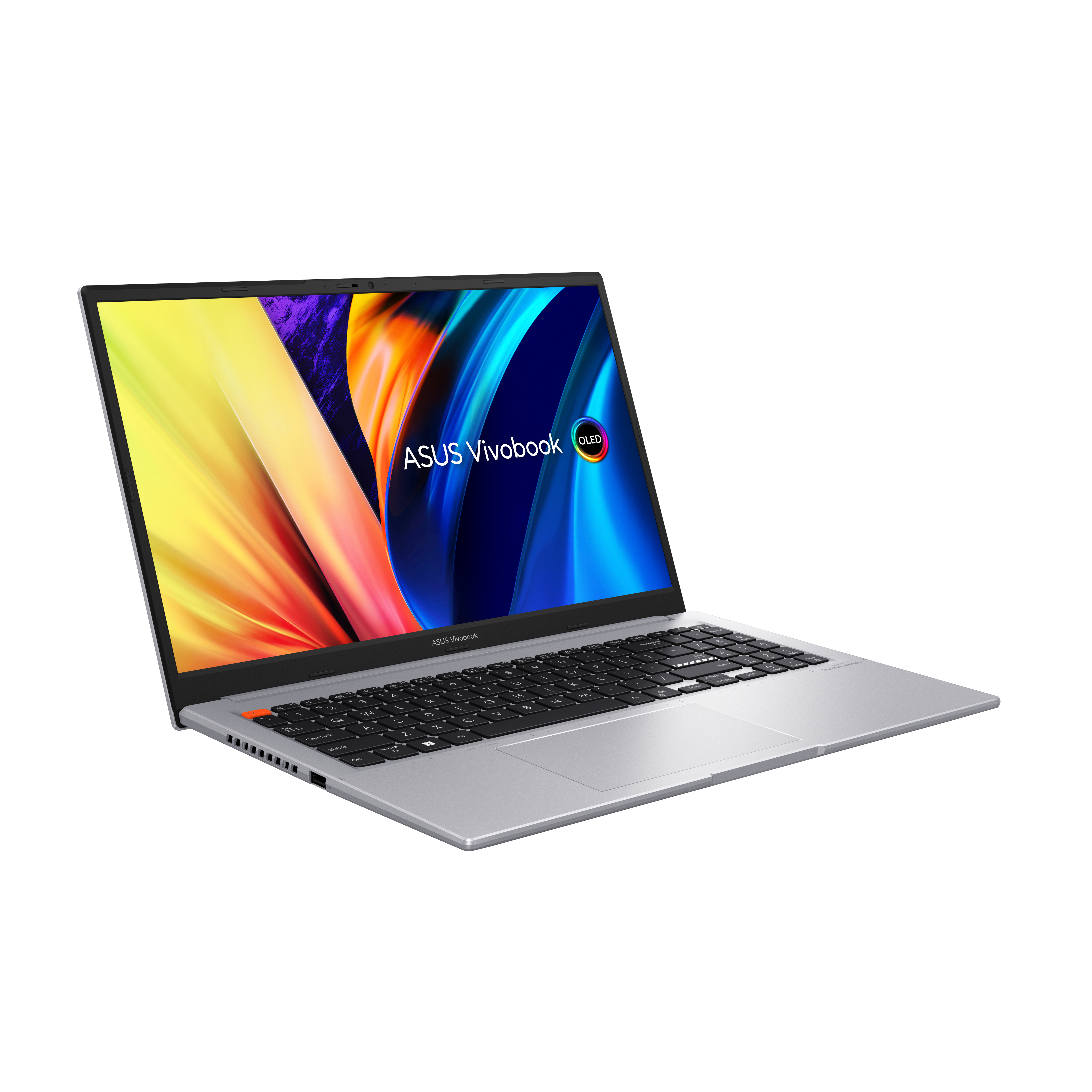 Portátil ASUS Vivobook plateado. La pantalla tiene una pantalla colorida. El portátil está abierto.