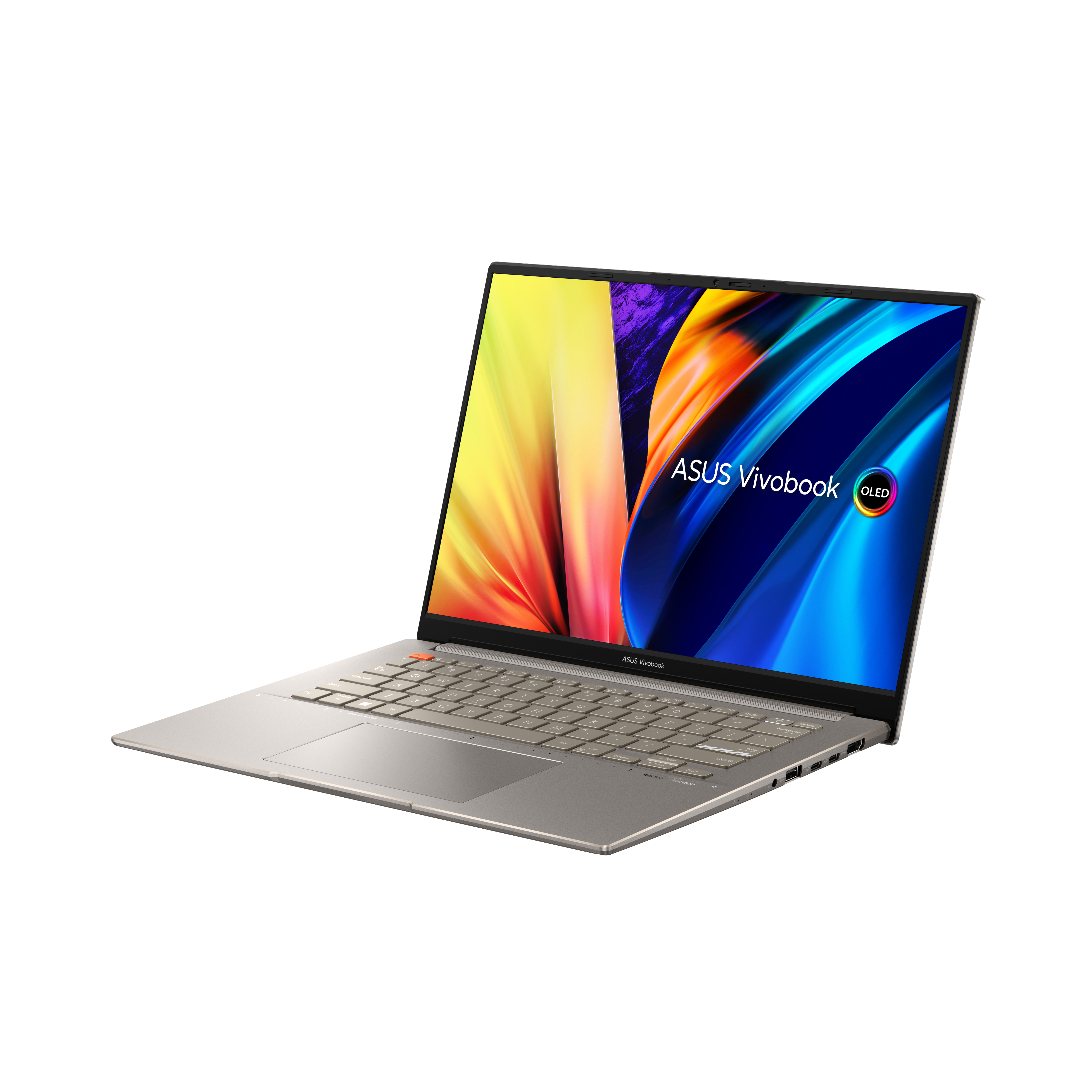 Una laptop ASUS Vivobook plateada está abierta, mostrando una pantalla colorida, sobre una superficie blanca.