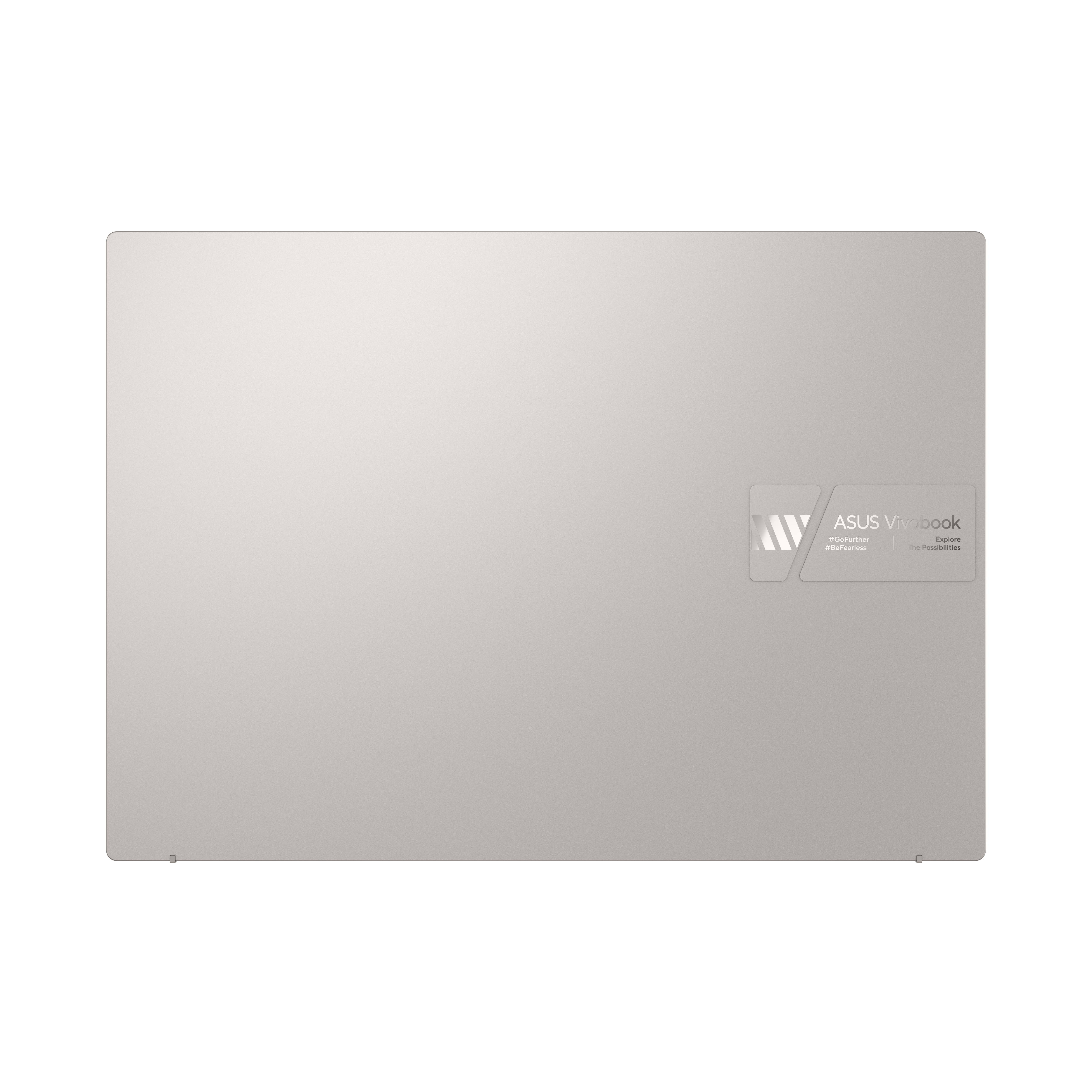 Ordenador portátil cerrado, vista trasera, color gris claro con logotipo de la marca.