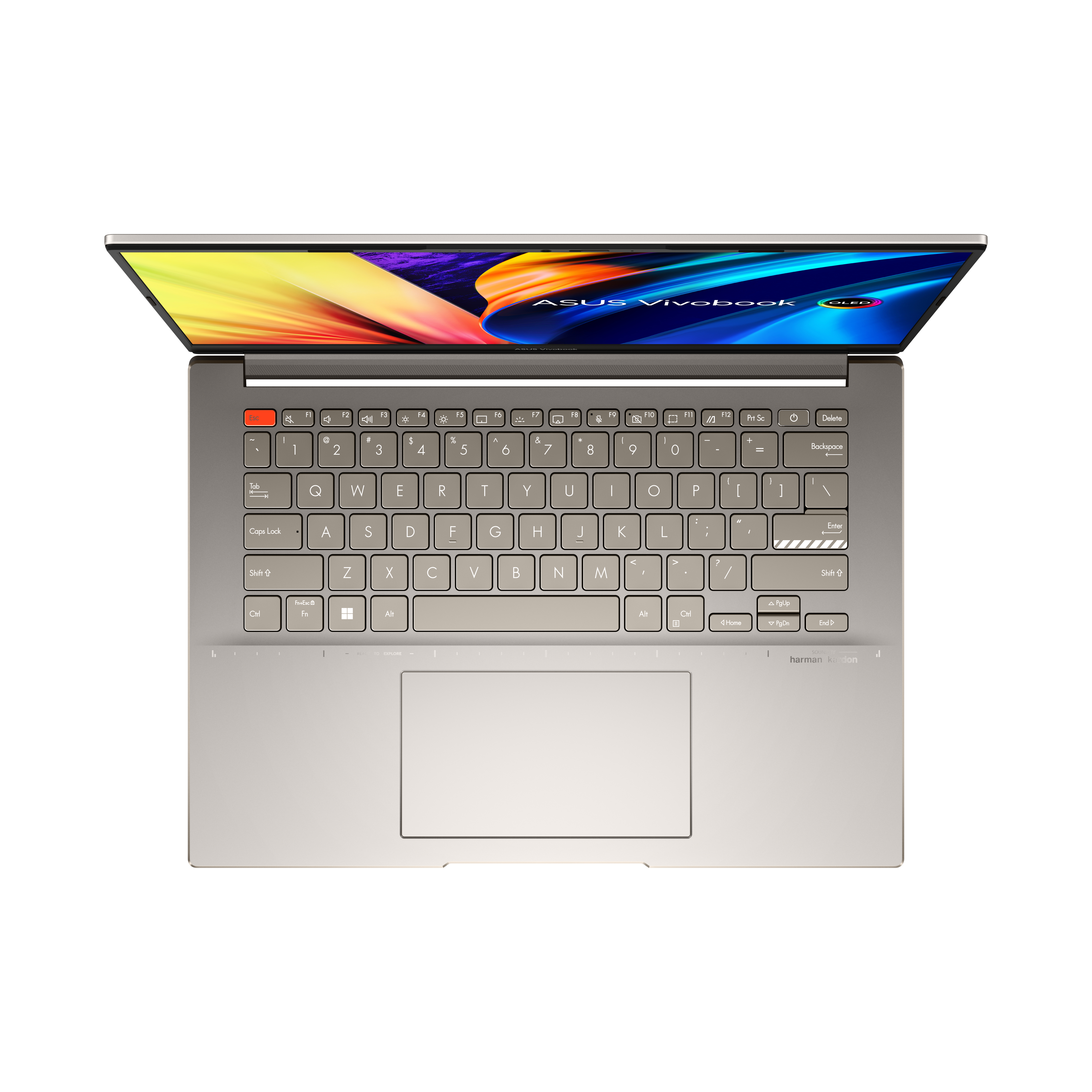 Vista superior de un portátil gris con teclado iluminado. El logo ASUS Vivobook está en la pantalla.