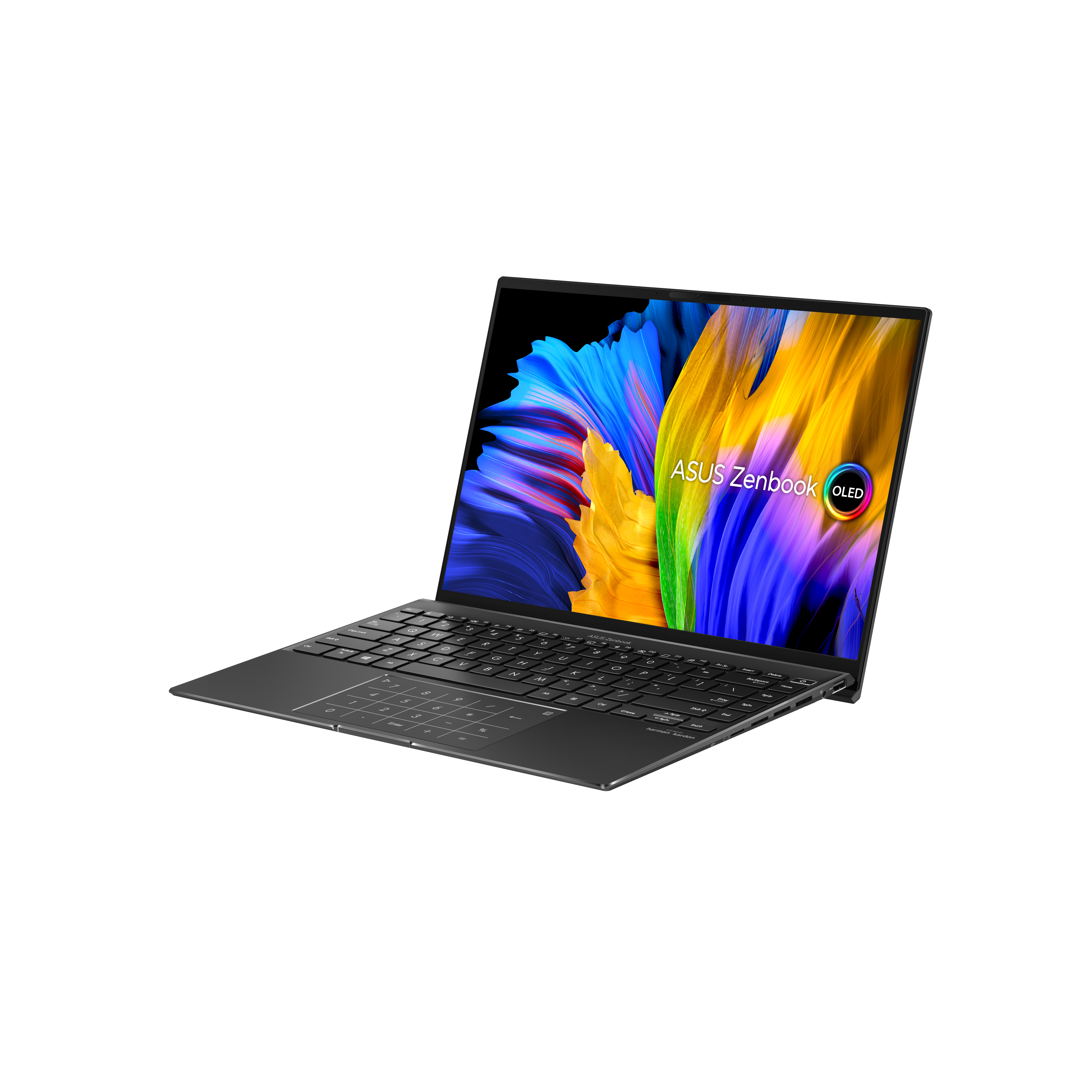 Portátil ASUS Zenbook OLED negro abierto. La pantalla muestra arte abstracto colorido.