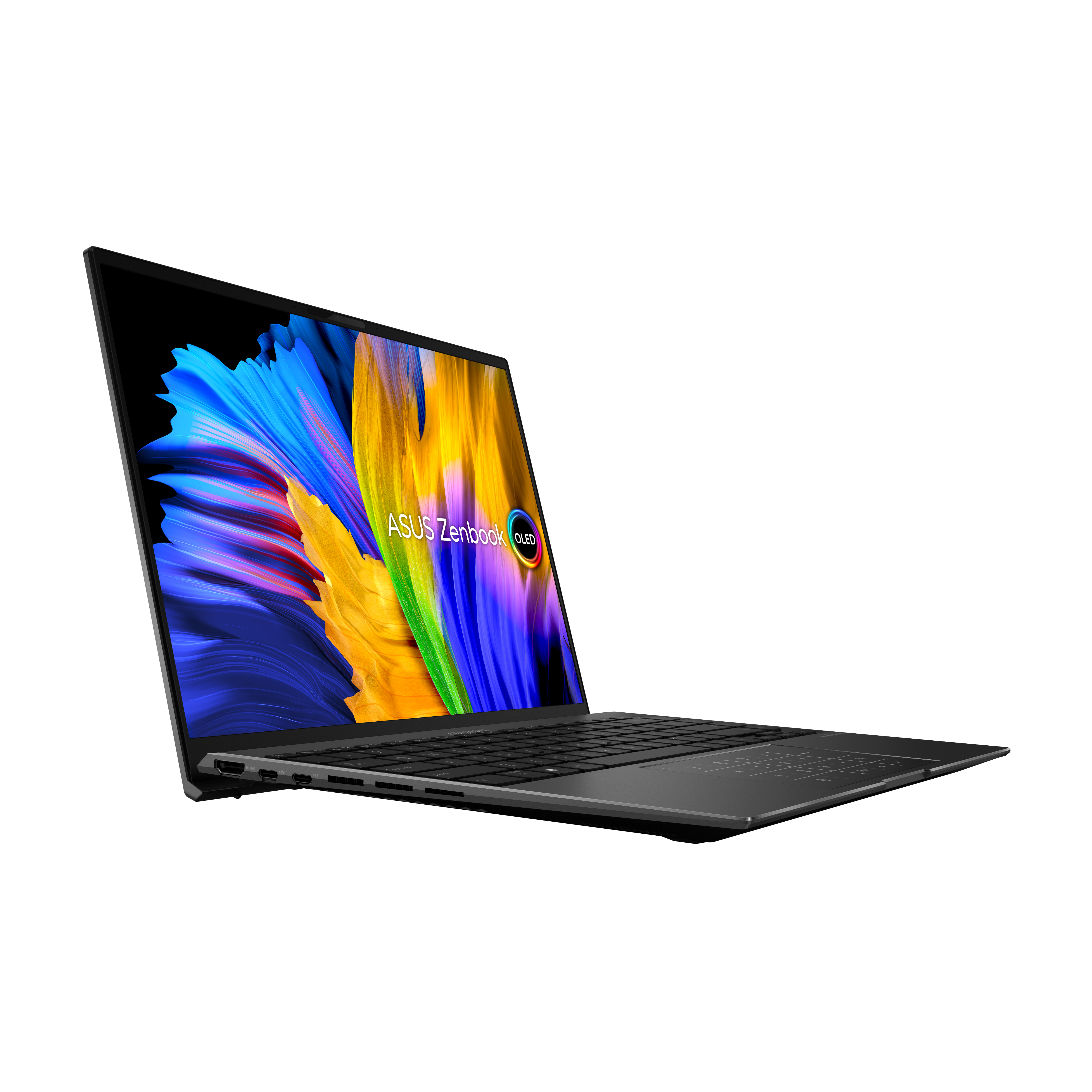 Una computadora portátil negra con el logotipo ASUS Zenbook OLED en la tapa. La computadora portátil está abierta y en ángulo lateral.