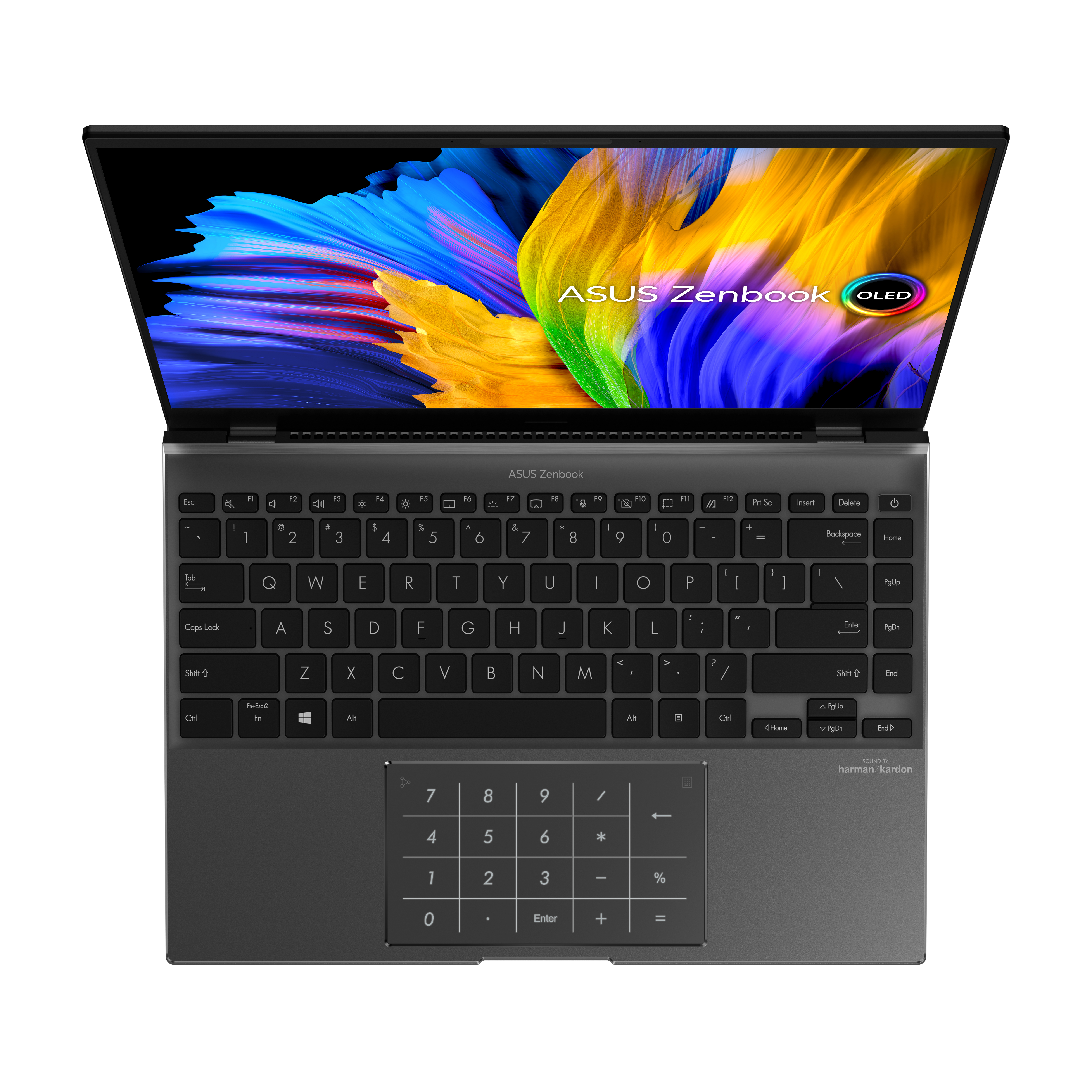 Portátil ASUS Zenbook OLED negro, abierto, teclado visible, sobre una superficie blanca.