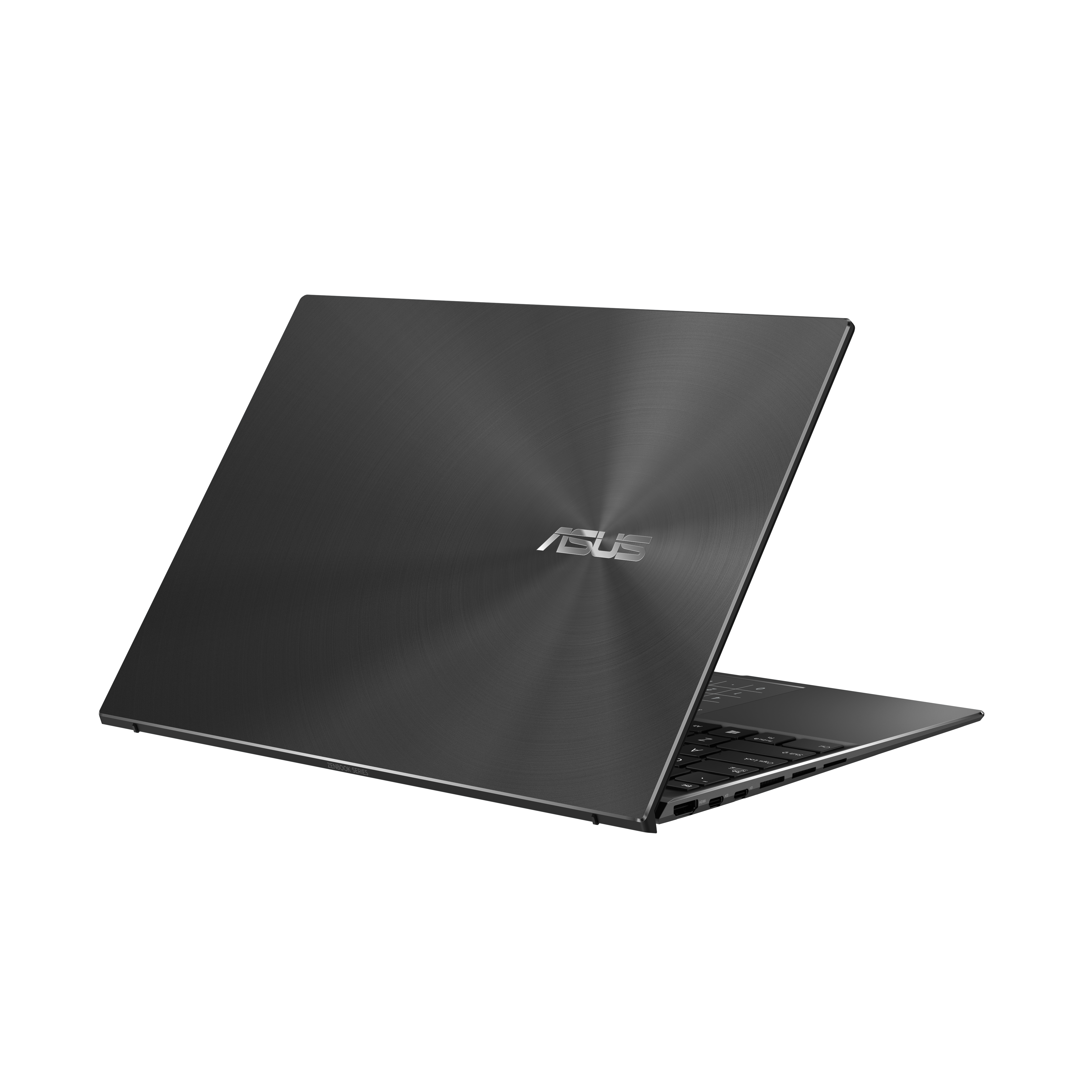 Portátil ASUS negro, vista trasera, abierto. Logotipo ASUS plateado.