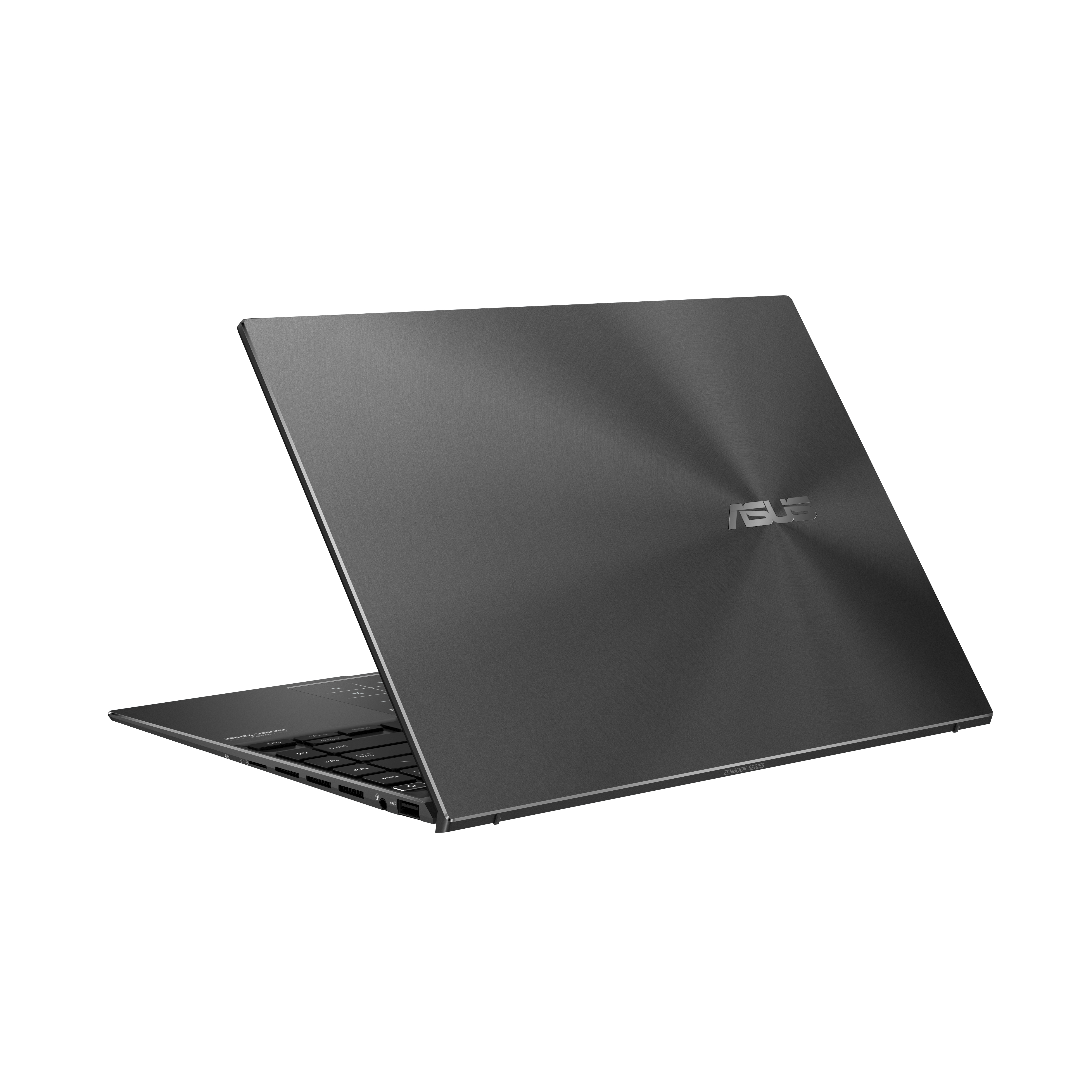 Una computadora portátil gris oscuro con la pantalla abierta, en ángulo, mostrando la parte posterior.