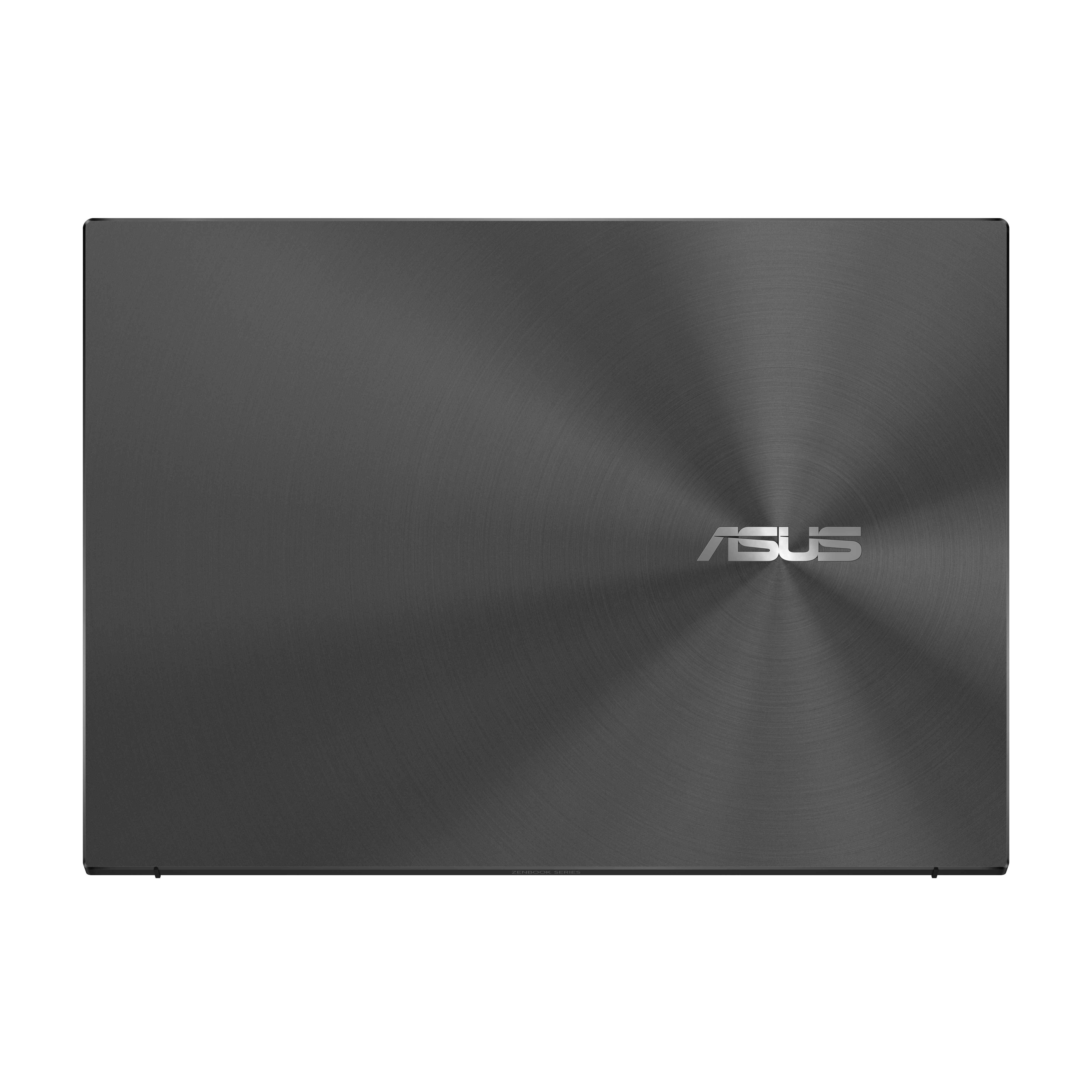 Una tapa de portátil gris oscuro con el logotipo de ASUS en el centro. Tiene una textura circular cepillada.