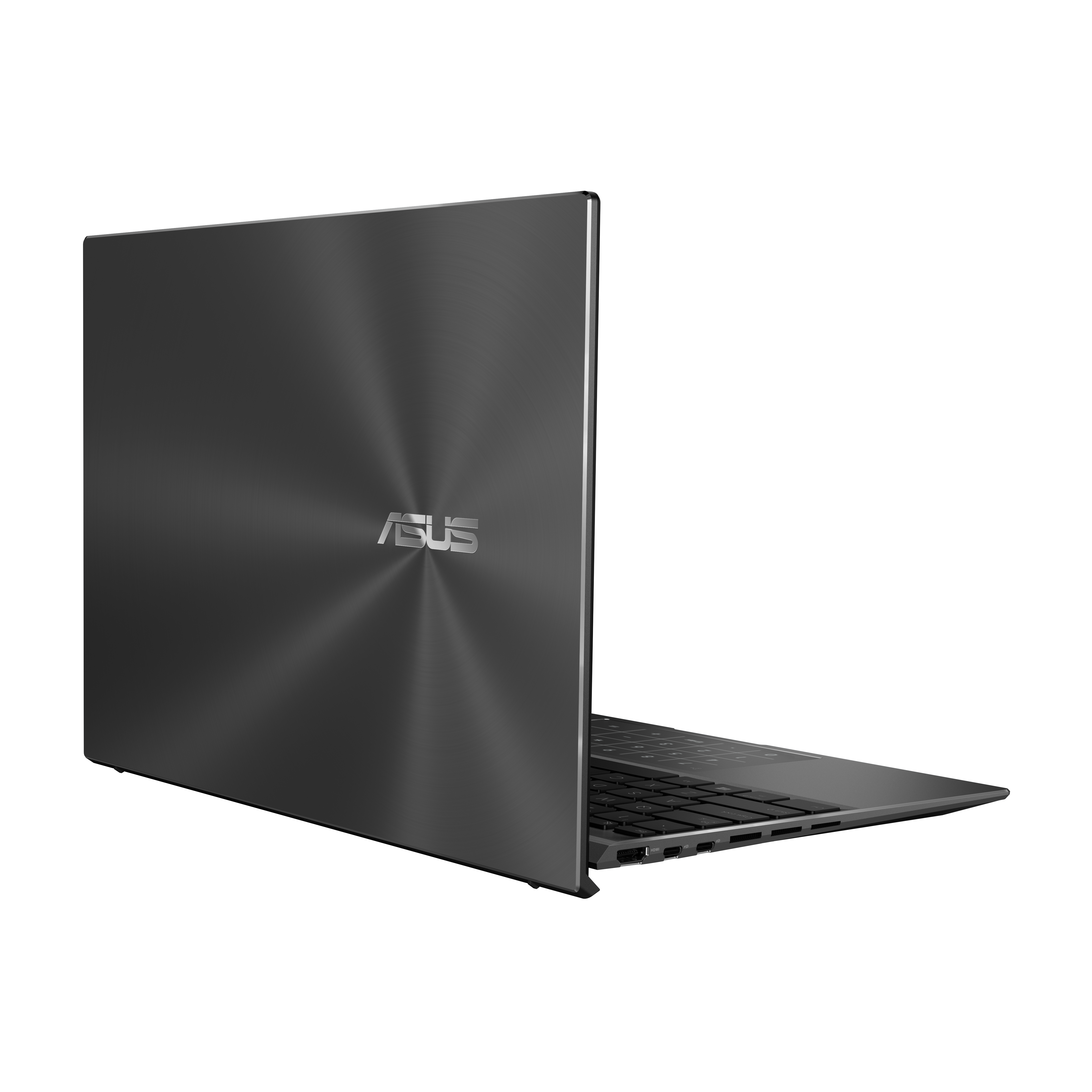 Ordenador portátil negro que muestra la parte trasera con el logotipo de Asus sobre fondo blanco.