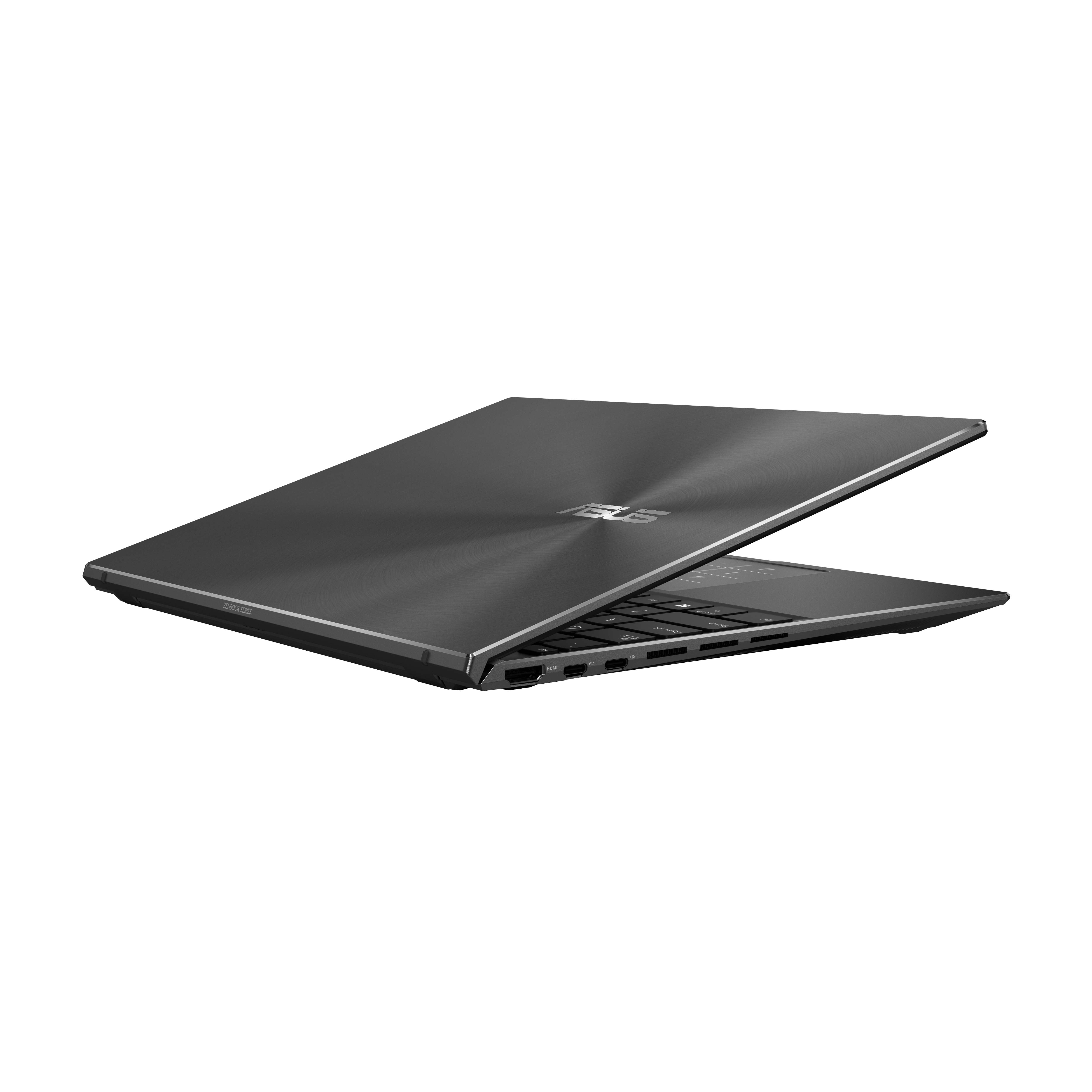 Ordenador portátil gris oscuro, ligeramente abierto. El logotipo de ASUS está en la tapa, fondo blanco.
