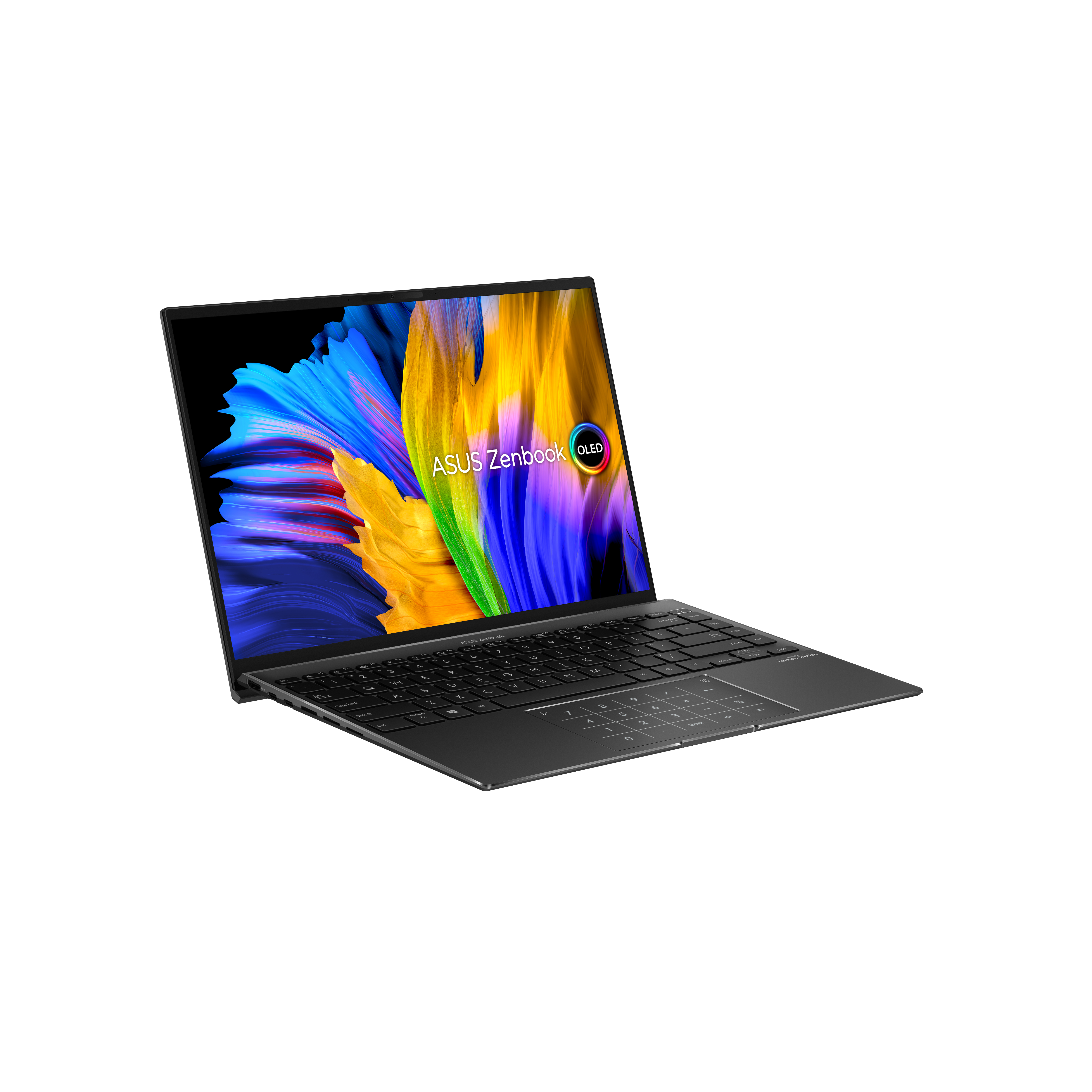 Ordenador portátil negro con pantalla colorida, etiqueta ASUS Zenbook OLED visible.