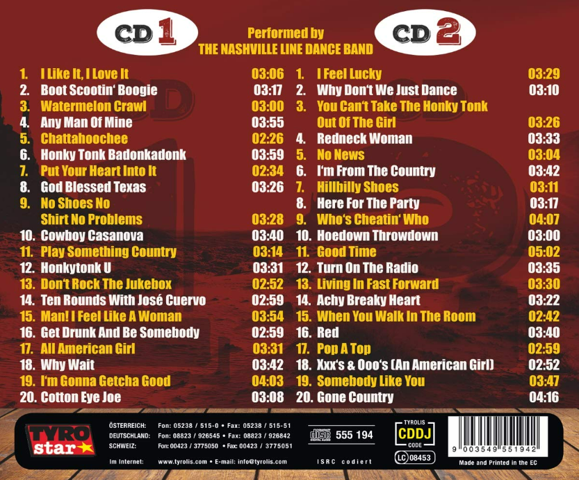 CD-Cover mit zwei Tracklisten von THE NASHVILLE LINE DANCE BAND.