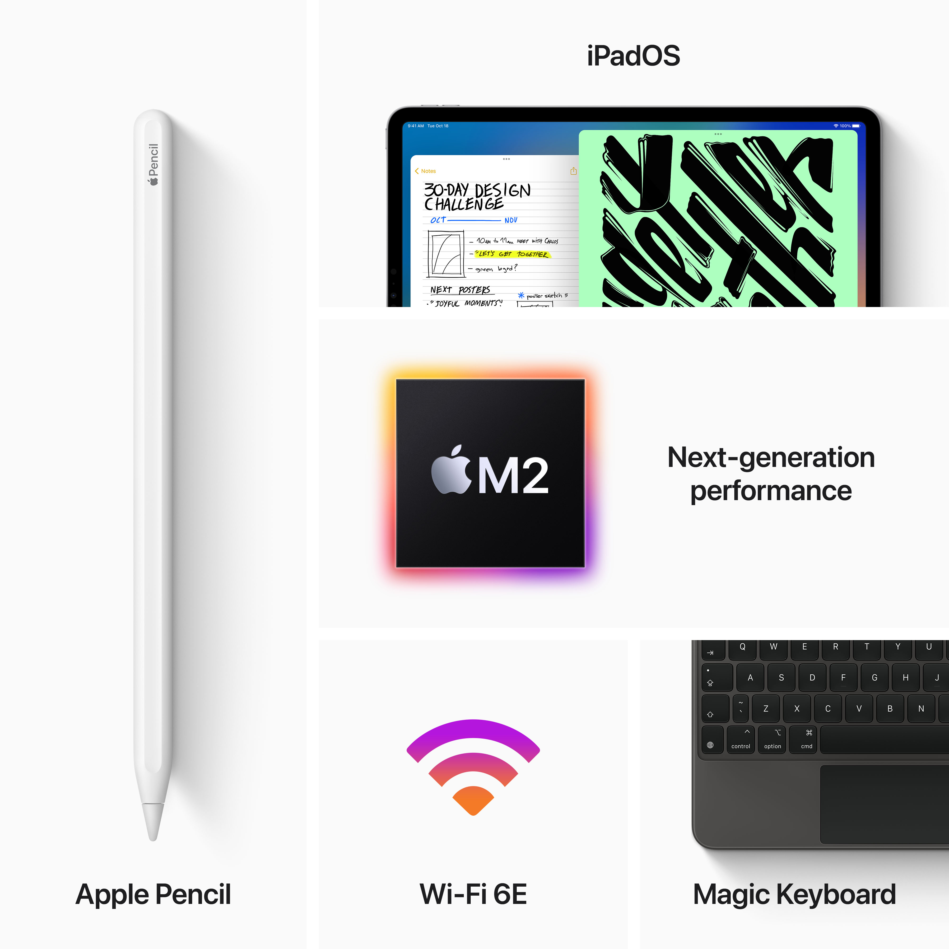 Apple-Produkt-Layout: Apple Pencil, iPad, M2-Chip, Wi-Fi 6E-Logo und Magic Keyboard.