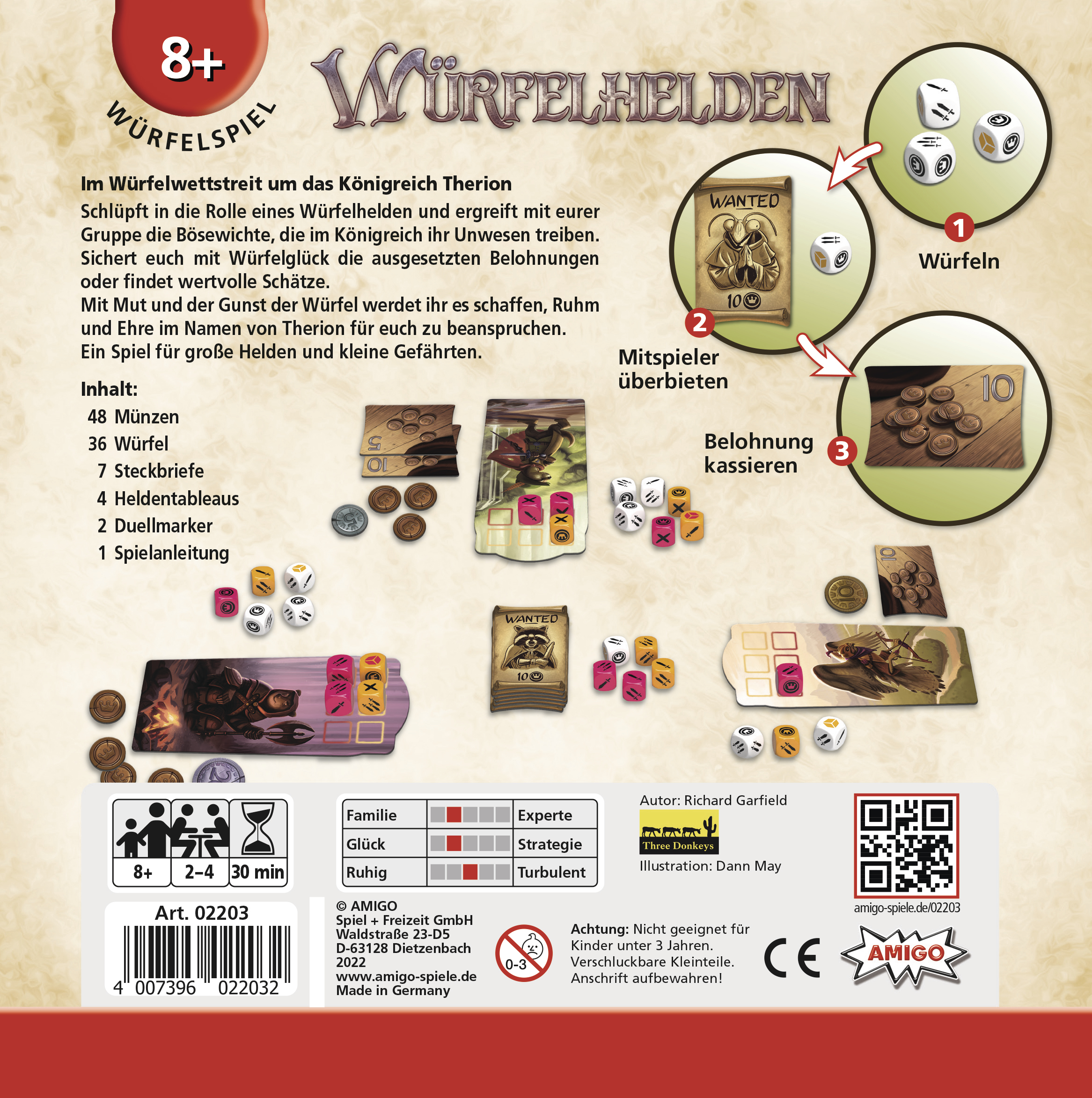 Die Rückseite einer Brettspielbox mit Spielanleitung, Würfeln, Karten und anderen Spielteilen.