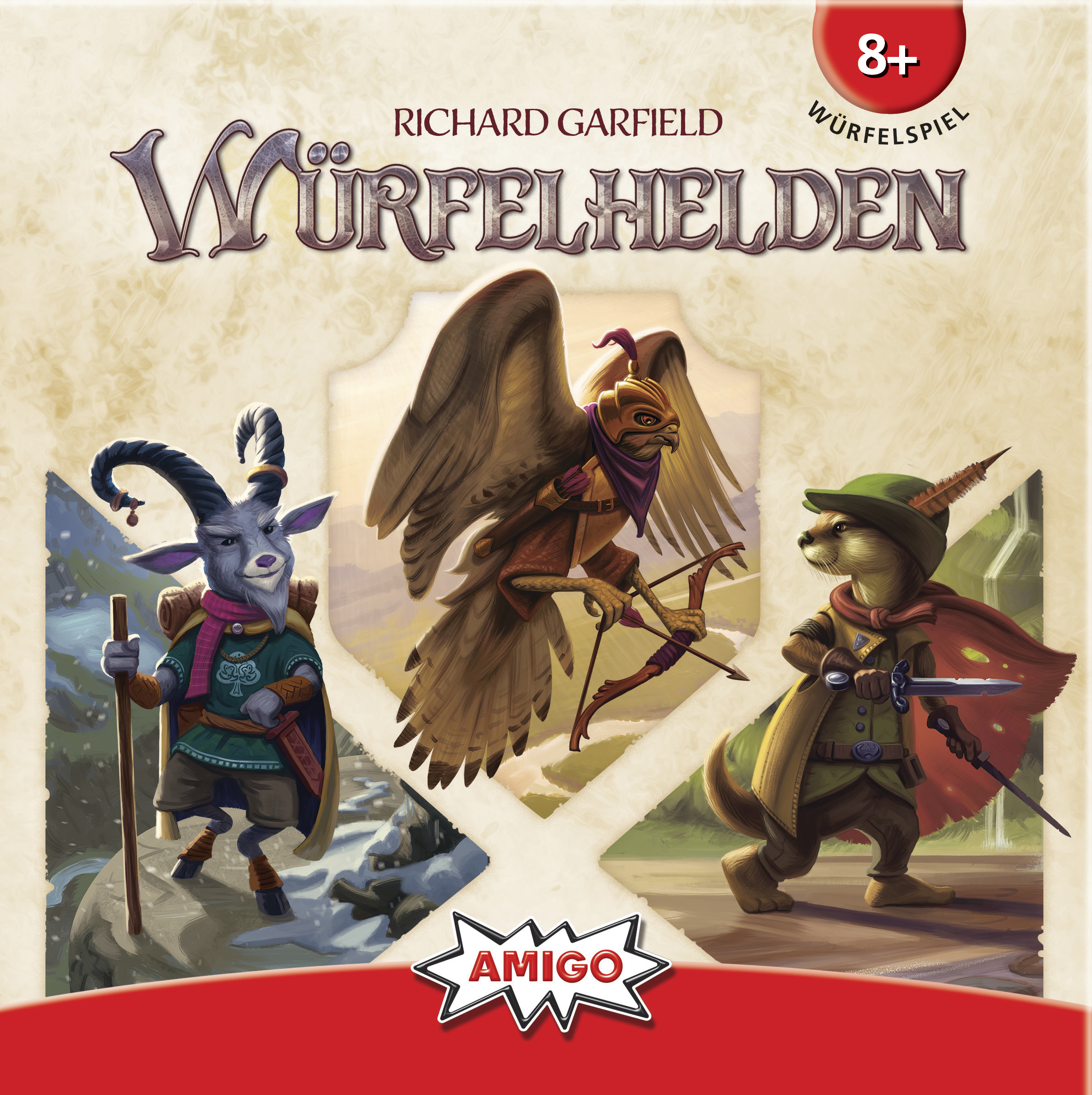 Schachtelkunst für ein Brettspiel mit drei anthropomorphen Tierfiguren in Kostümen.