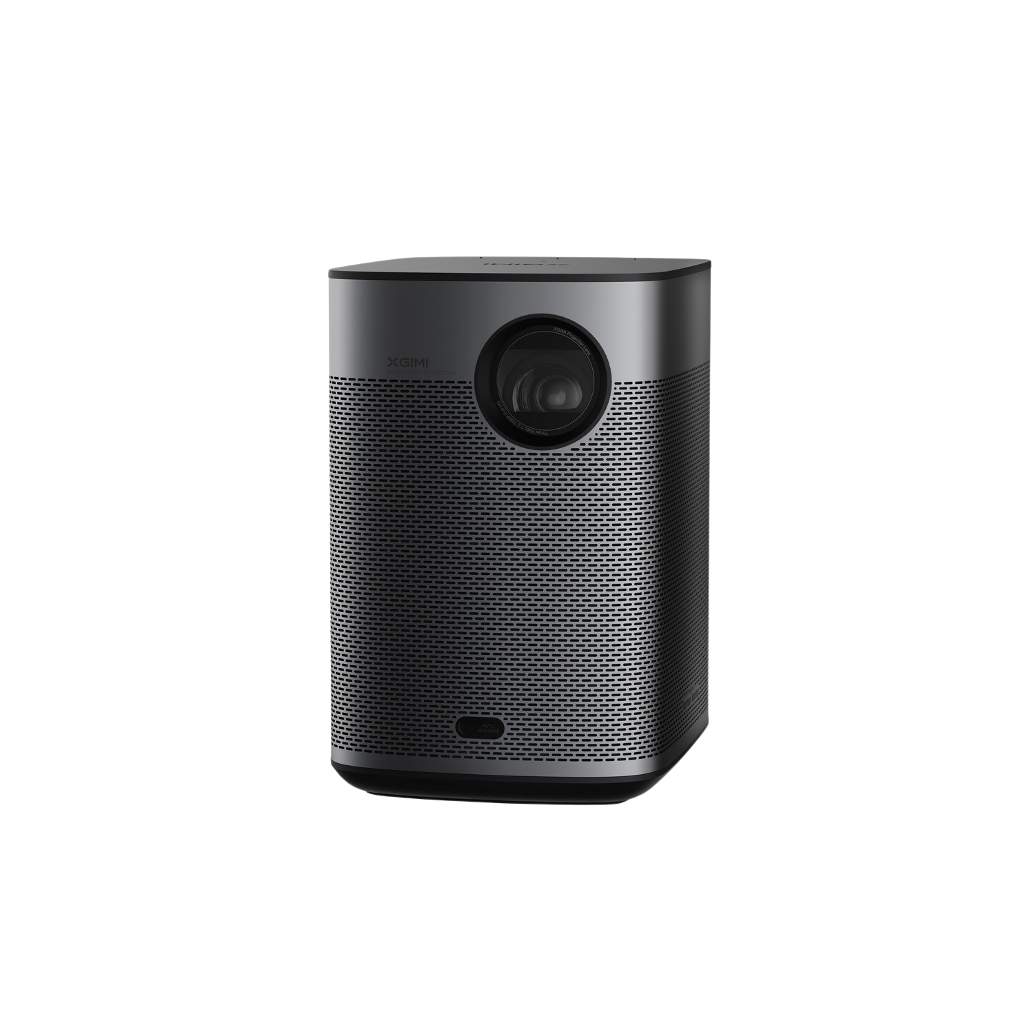 Black, cube-shaped projector with a lens and the XGIMI logo, on a black background.