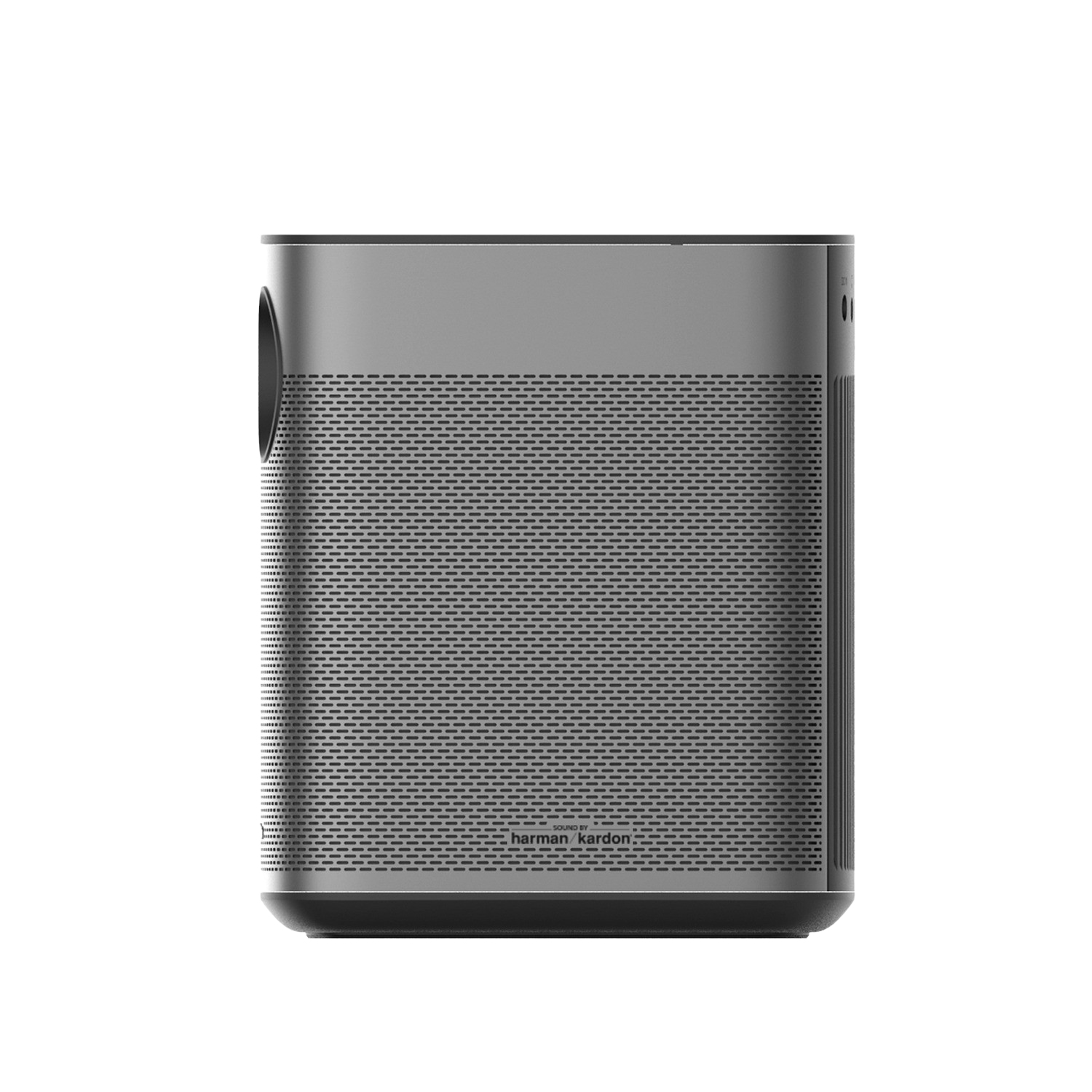 Gray speaker with harman kardon logo, on a black background.