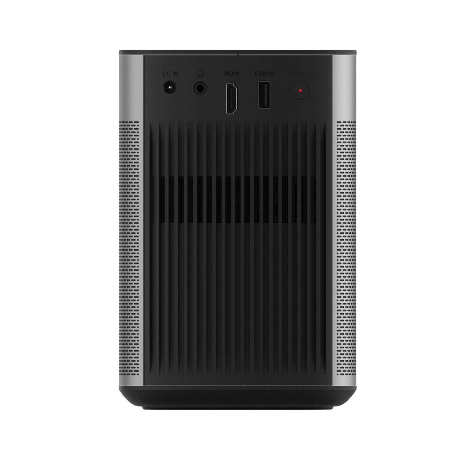 A black and silver projector with ports and a speaker grille.
