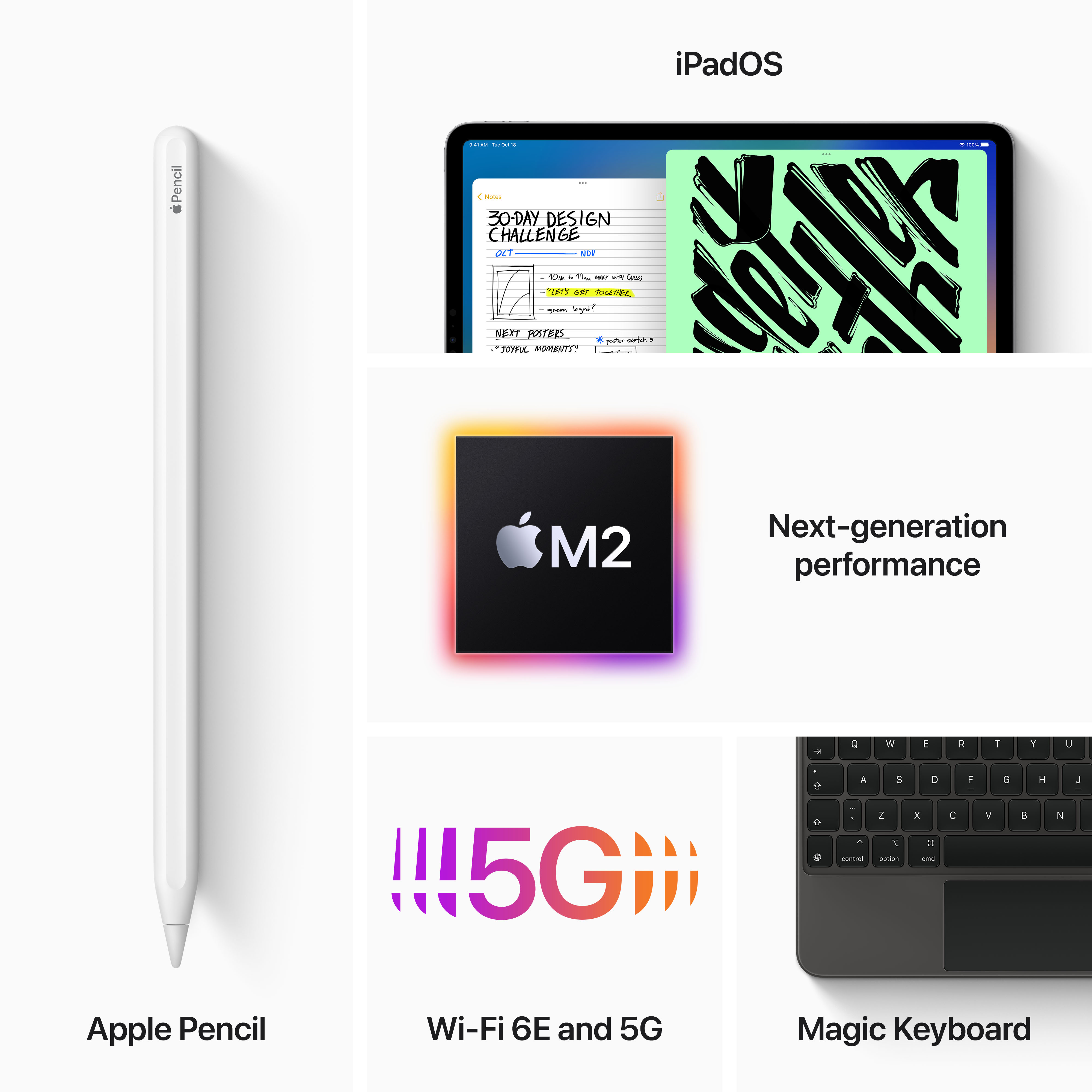iPad-Funktionen, einschließlich Apple Pencil, Magic Keyboard, 5G und M2 Chip.
