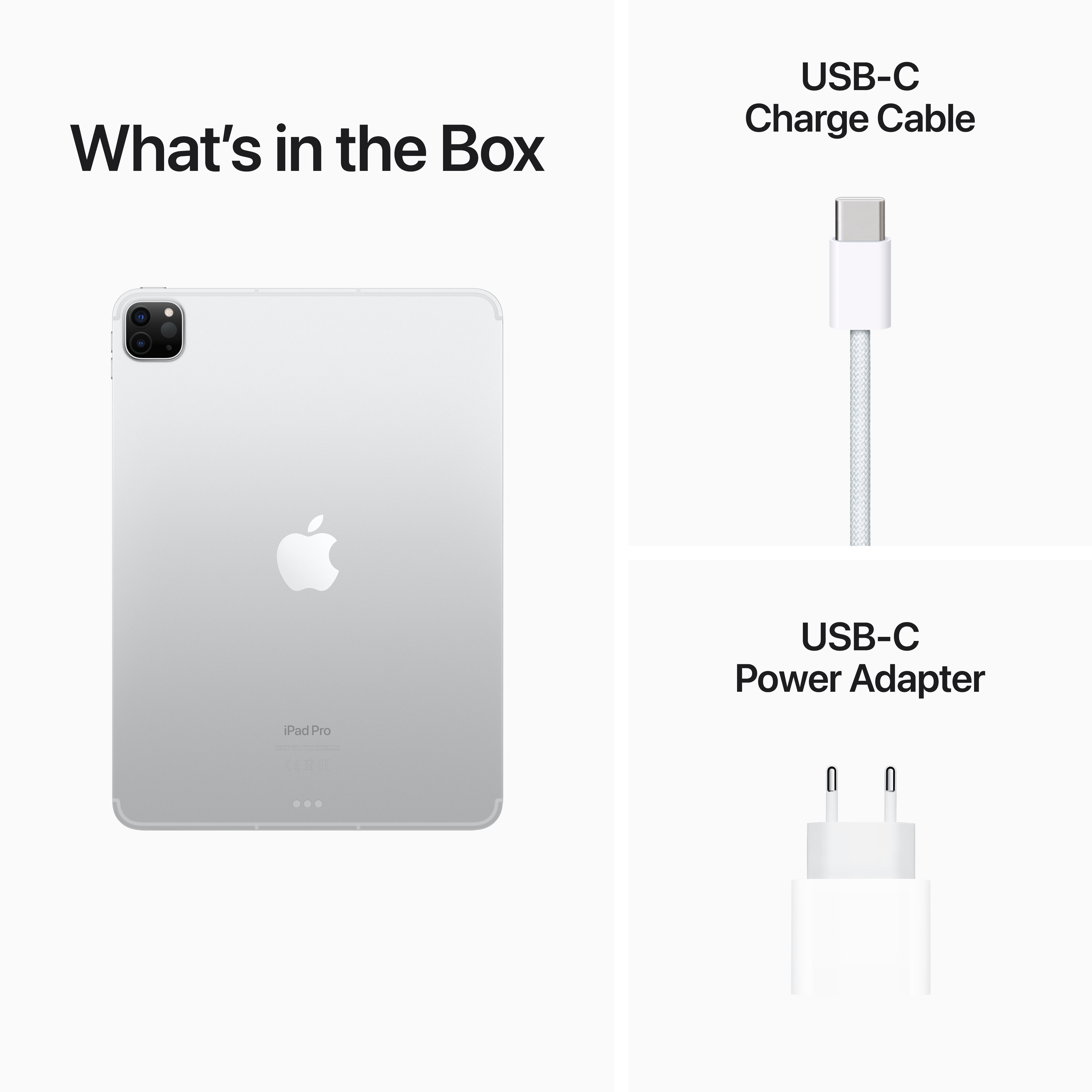Ein iPad und Zubehör. Zeigt das iPad, Ladekabel und Netzteil auf weißem Untergrund.