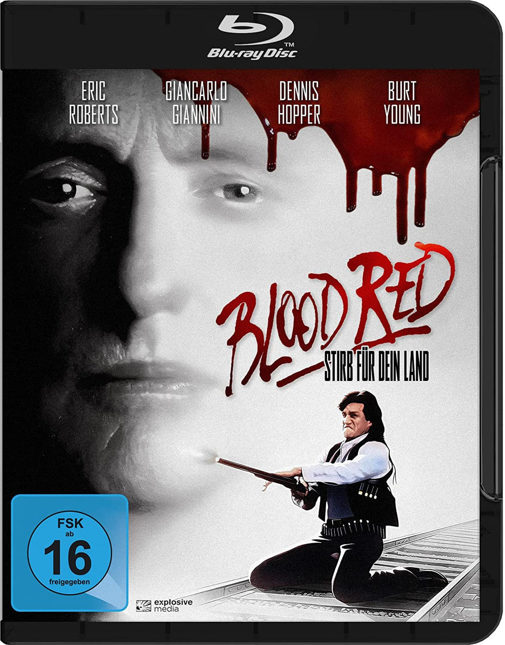 DVD-Cover mit einem Männergesicht, Blutstropfen und den Worten 'Blood Red'.