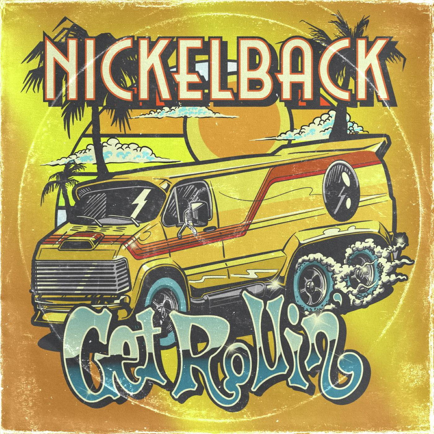 Nickelback-Albumcover, gelber Van mit Flammen und Palmen, Titel 'Get Rollin', Vintage-Stil.