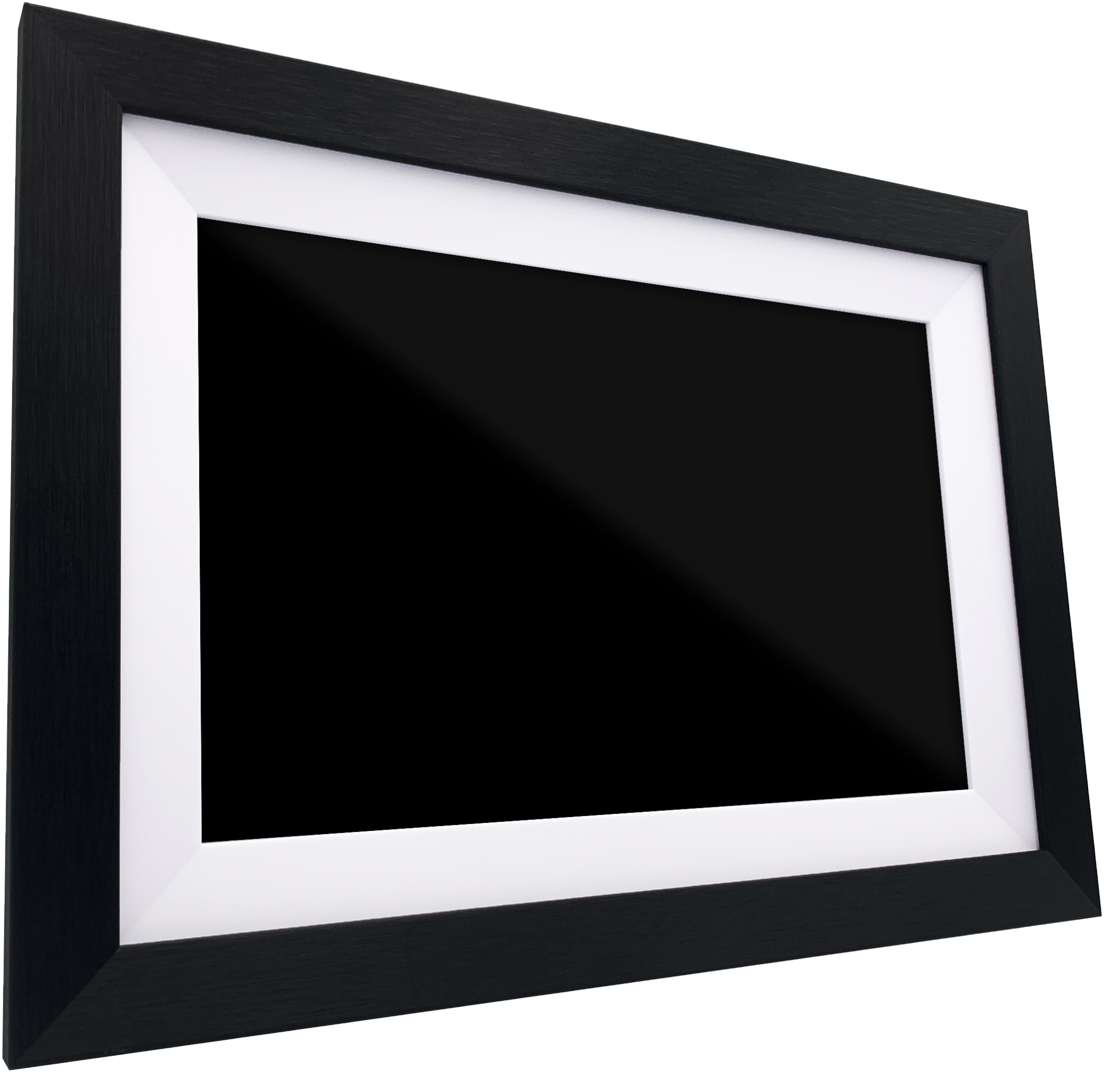 Cadre noir avec un passe-partout blanc et un écran sombre. Vue en angle, montre un reflet. Fond blanc.