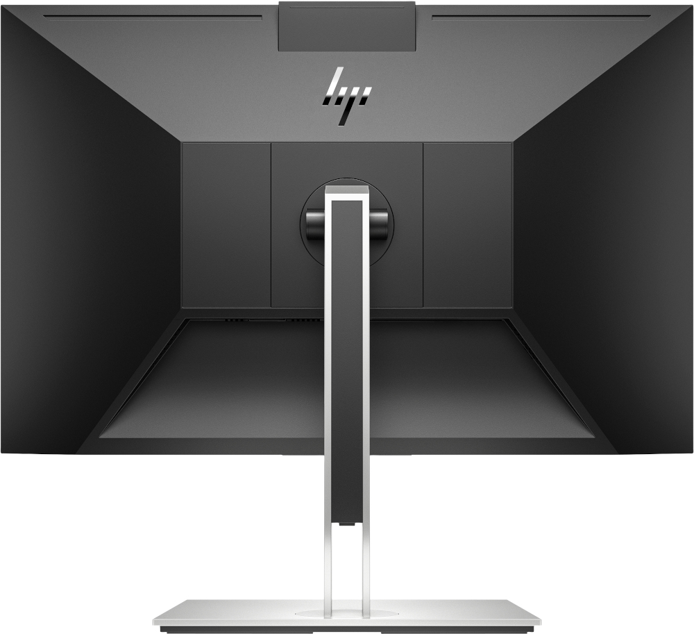 The back of a black HP monitor, with a stand and the HP logo at the top.