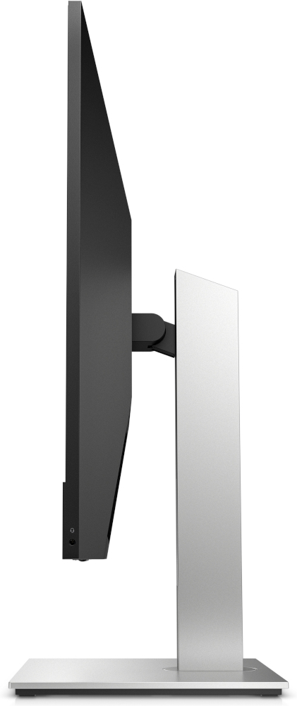 Side view of a black computer monitor on a silver stand, white backdrop.