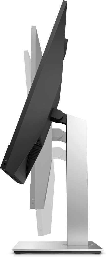 A side view of a black computer monitor on an adjustable silver stand. The screen is tilted.