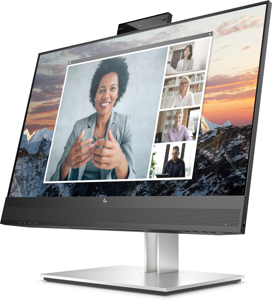 Large computer monitor with a video call on the screen. Includes a webcam.