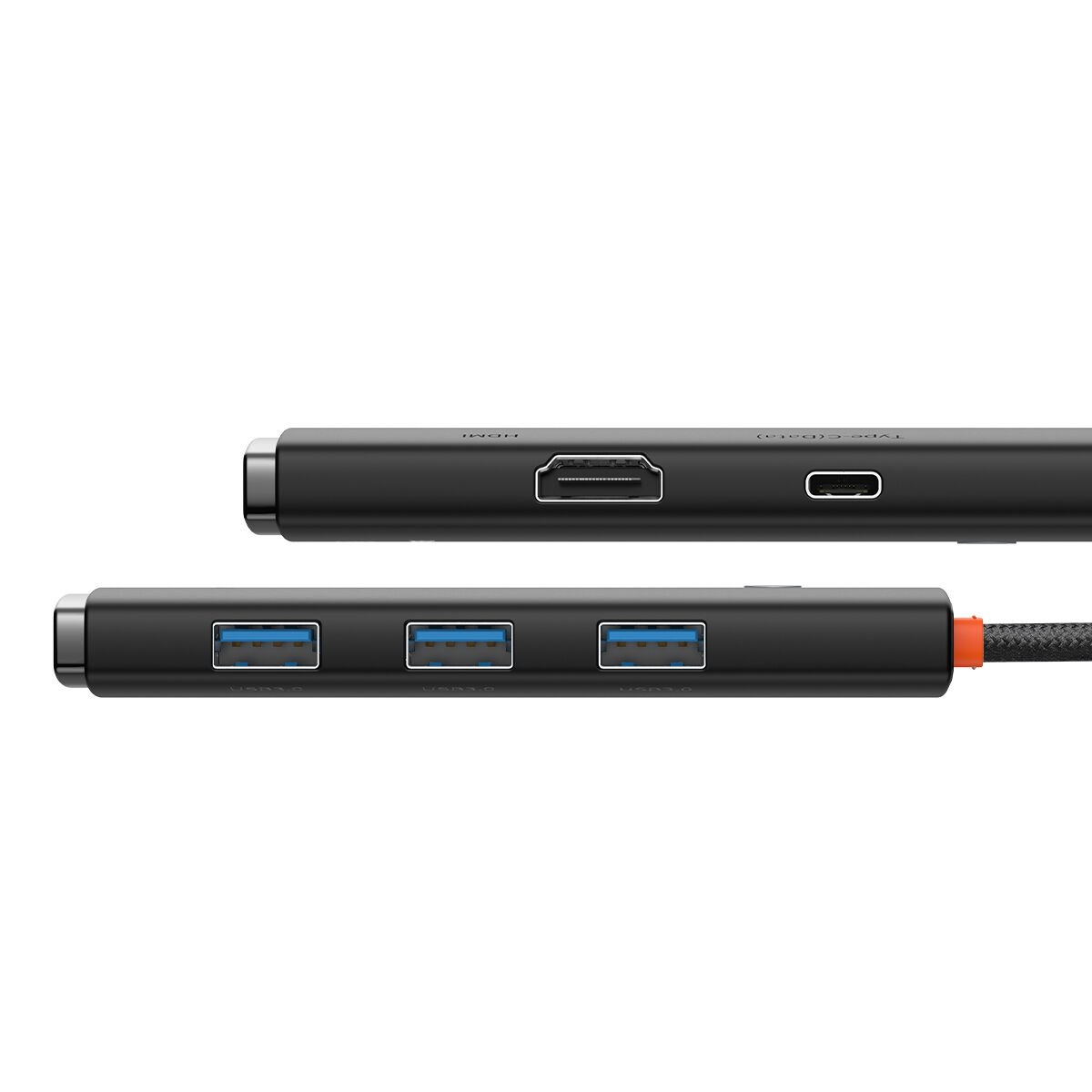 HDMI, USB-C bağlantı noktalarına sahip siyah USB hub. Üç USB 3.0 bağlantı noktası görünür. Siyah ve turuncu kablo.