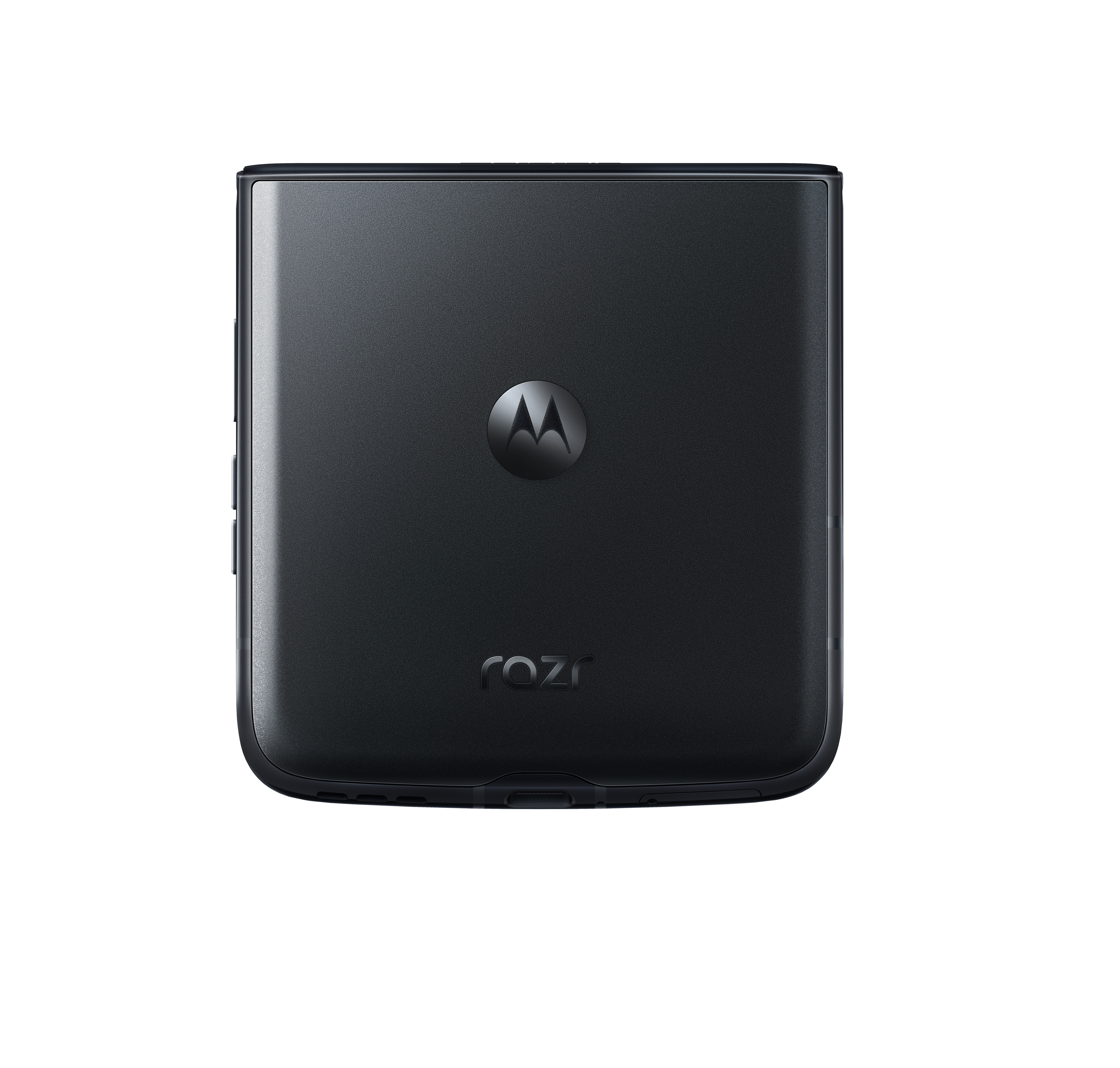 Ein schwarzes, zusammengeklapptes Motorola Razr-Handy. Das Motorola-Logo ist mittig auf der Rückseite.
