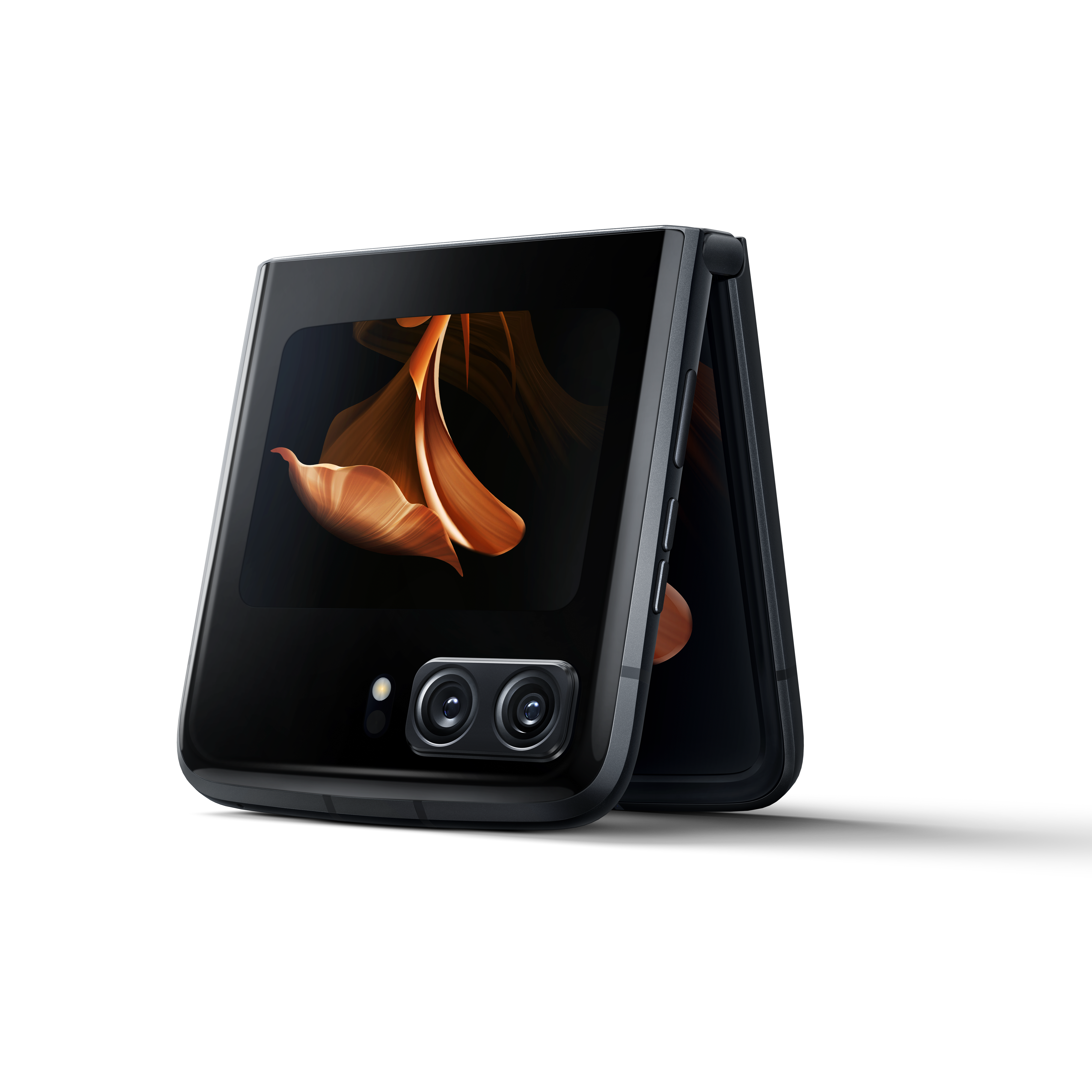 Schwarzes, faltbares Telefon mit Dual-Kameras und Display.