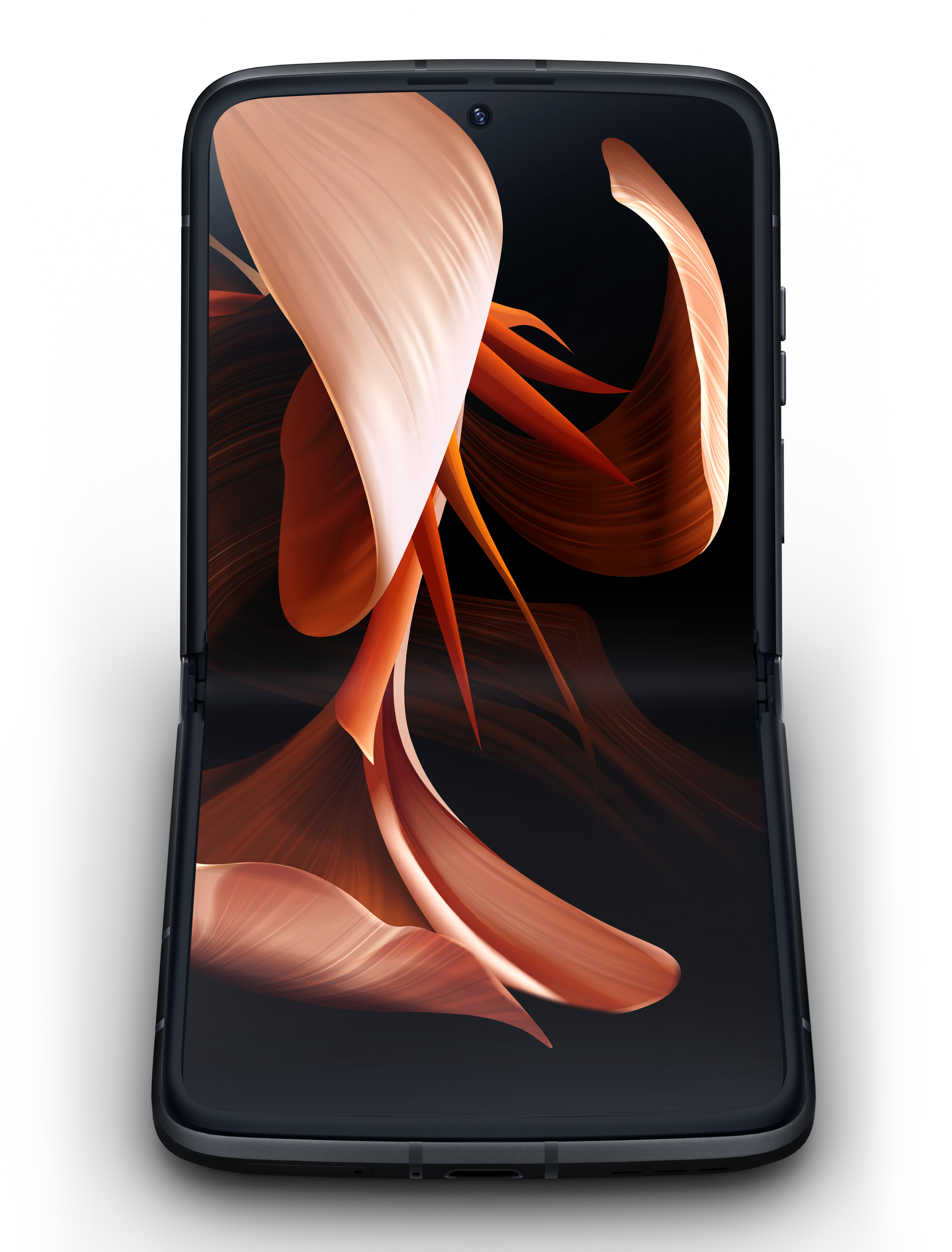 Ein schwarzes, faltbares Telefon in geöffneter Position, das ein abstraktes Blumendesign zeigt.