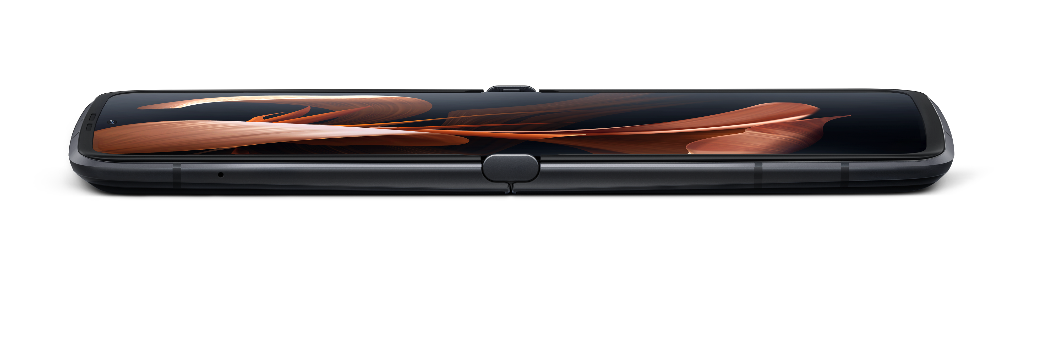 Ein gefaltetes schwarzes Telefon. Der Bildschirm zeigt ein abstraktes Design mit braunen und orangen Farben.
