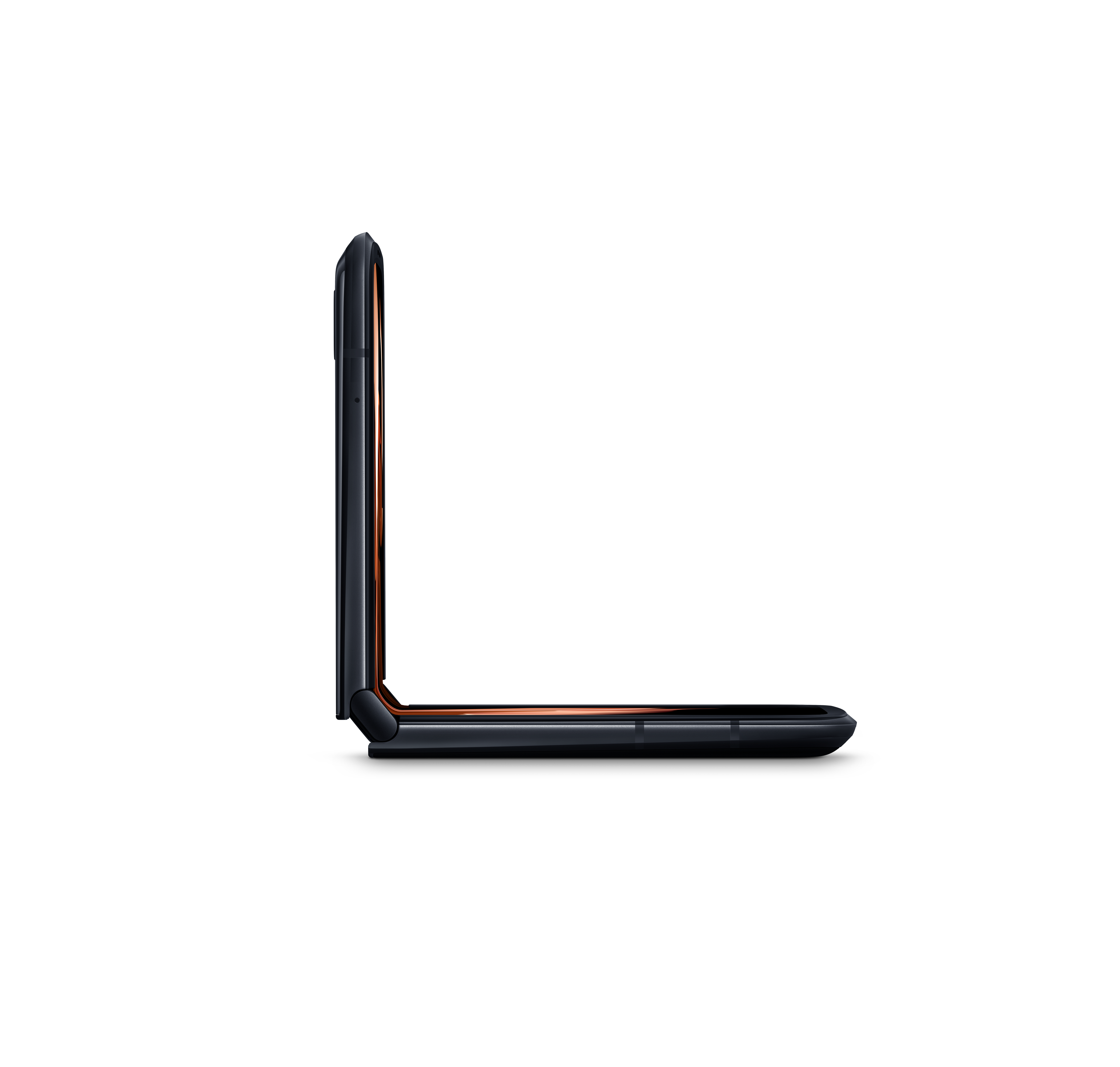 Faltbares Telefon in Schwarz, zusammengeklappt. Zeigt das Seitenprofil, minimalistisches Design.