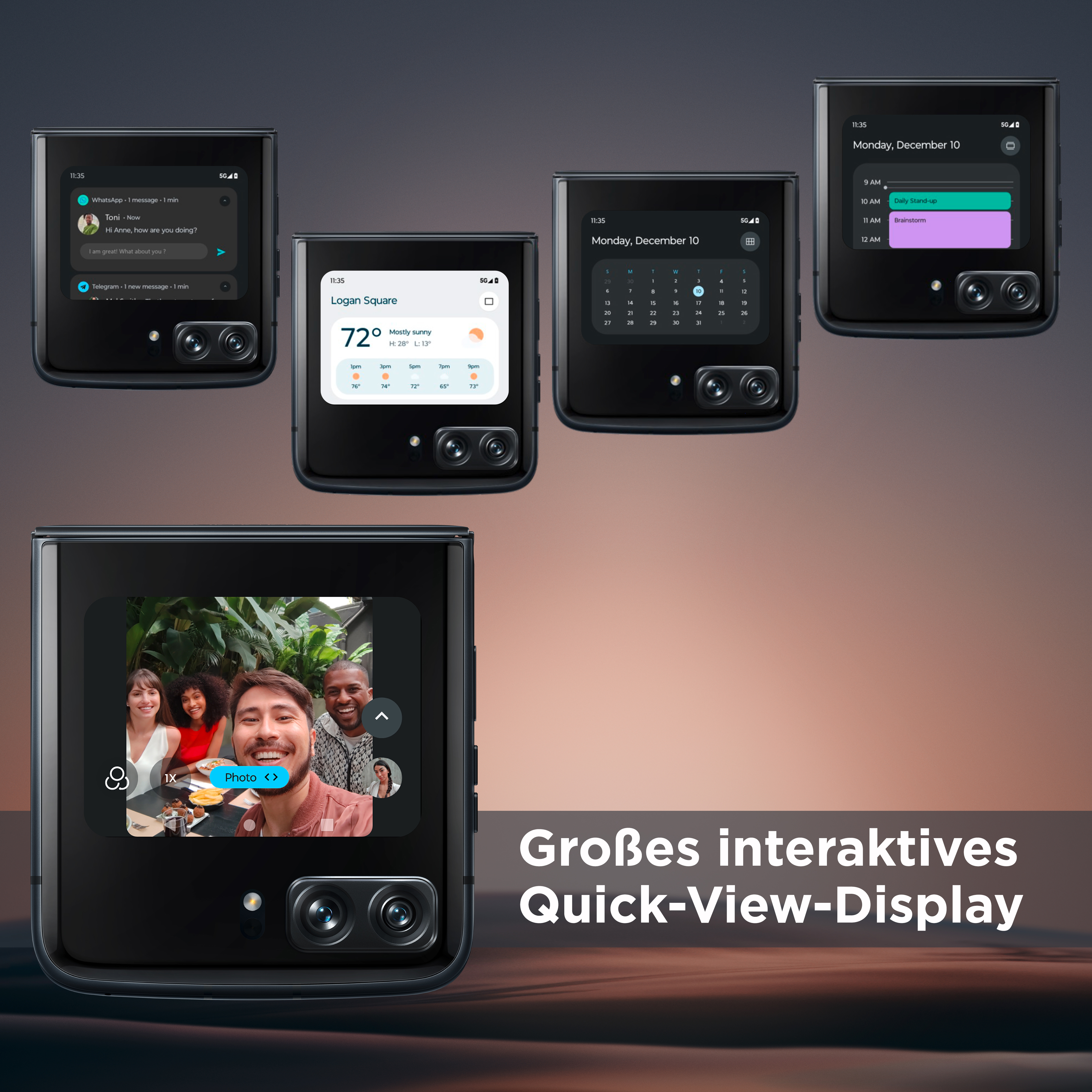 Faltbare Telefone mit Apps und Oberflächen, mit dem Satz 'Großes interaktives Quick-View-Display'.