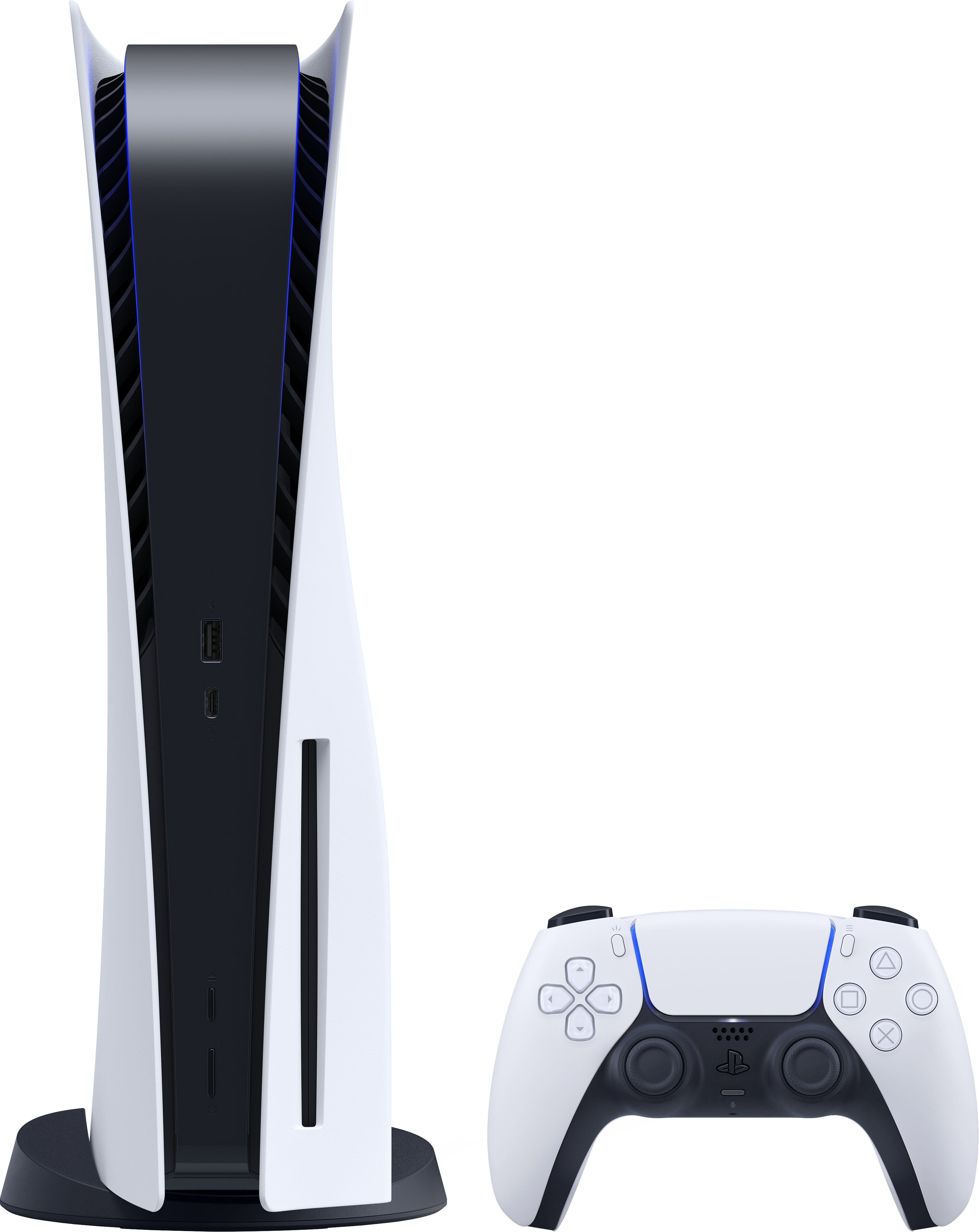 PlayStation 5 Konsole und ein DualSense-Controller auf schwarzem Hintergrund.