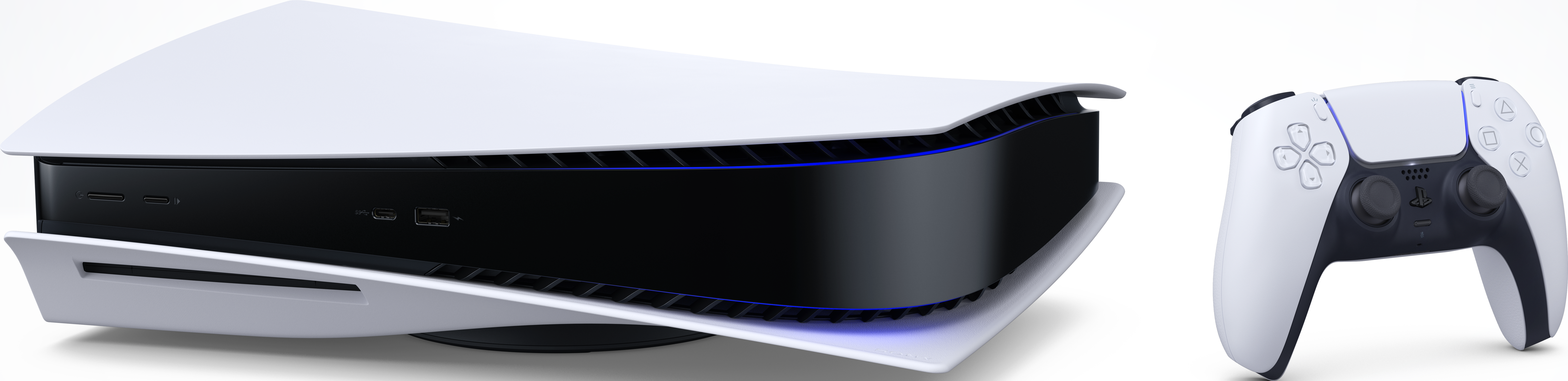 Eine weiße PlayStation 5-Konsole und ein weißer Controller auf weißem Hintergrund.