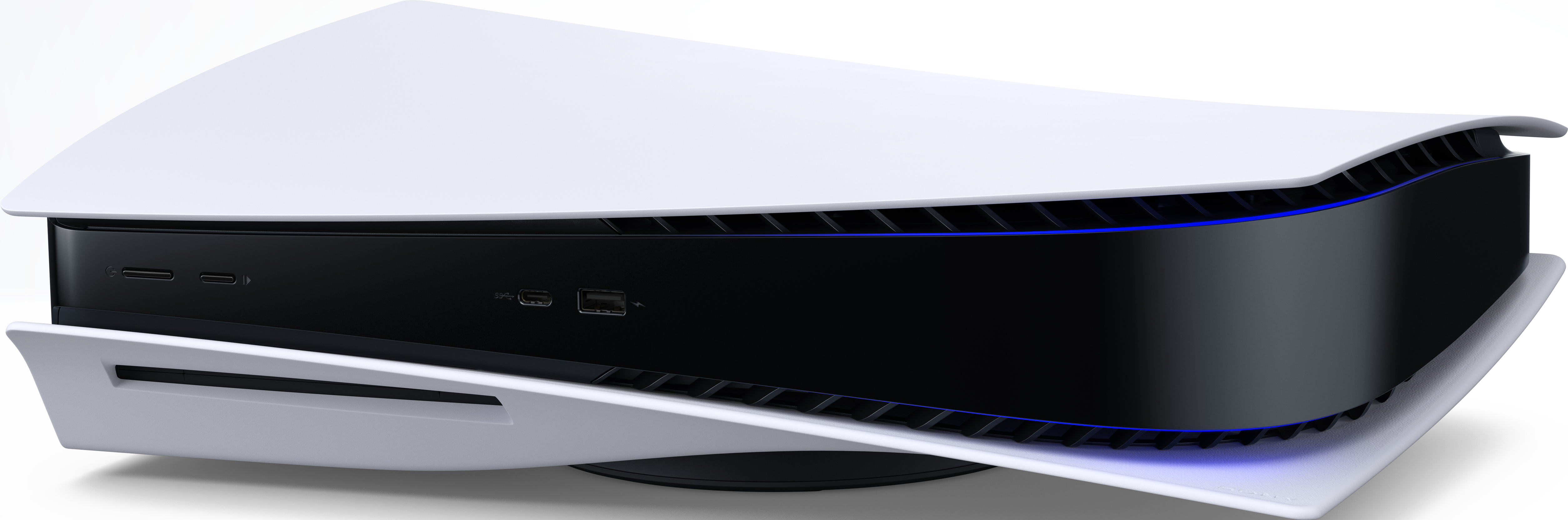 Eine weiße Spielekonsole mit schwarzem Mittelteil. Ein weißer Controller im Hintergrund.