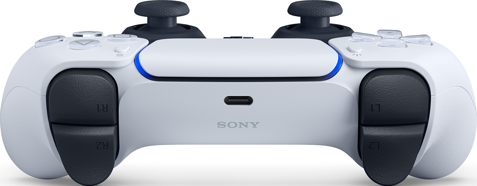 Weißer PlayStation 5 Controller mit schwarzen Analogsticks und Tasten, und einem Ladeanschluss.