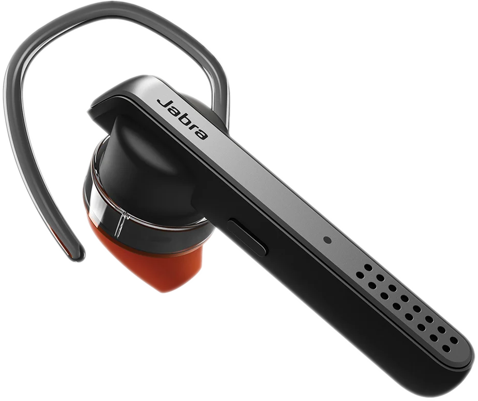 Jabra Bluetooth-headset. Zwart en grijs met een oranje oordopje en een microfoon.