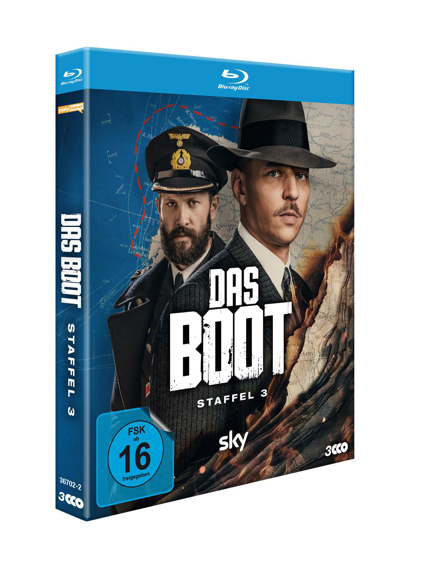 Blu-ray-Boxart für Das Boot Staffel 3, mit zwei Männern in Uniform und einem Kartenhintergrund.