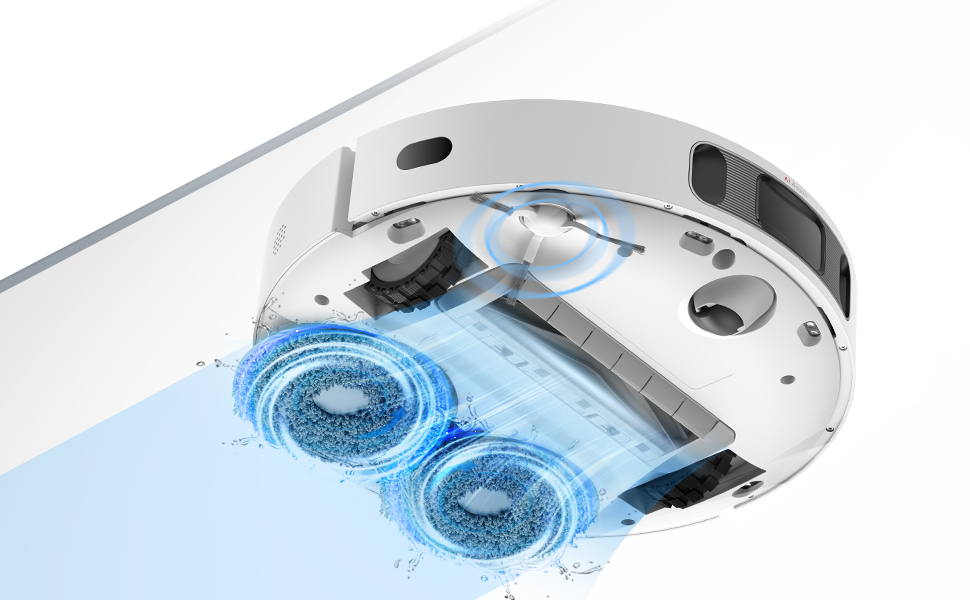 Roboter-Staubsauger reinigt. Blaue Wasserspuren und rotierende Bürsten. Weißer Hintergrund.