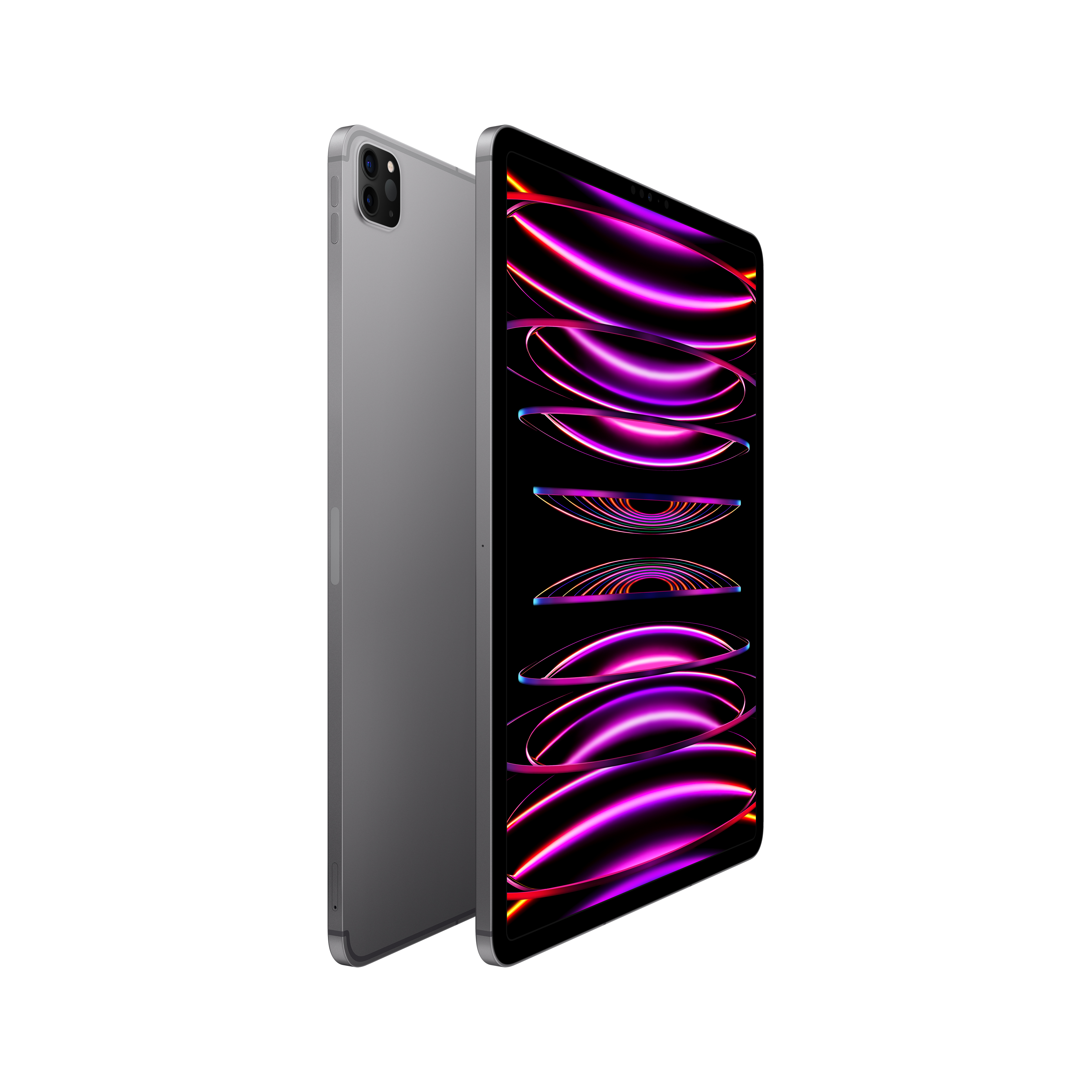 Silbernes iPad Pro, Vorderansicht mit Bildschirm, Rückseite links sichtbar, auf weißem Hintergrund.
