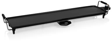 Zwarte elektrische bakplaat. Lange, rechthoekige vorm. Zwarte handgrepen en poten.