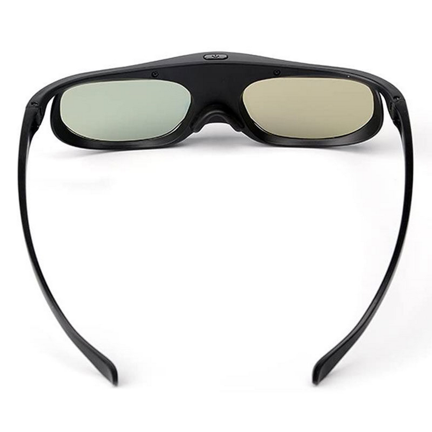 Black 3D glasses with two lenses, on a white background.