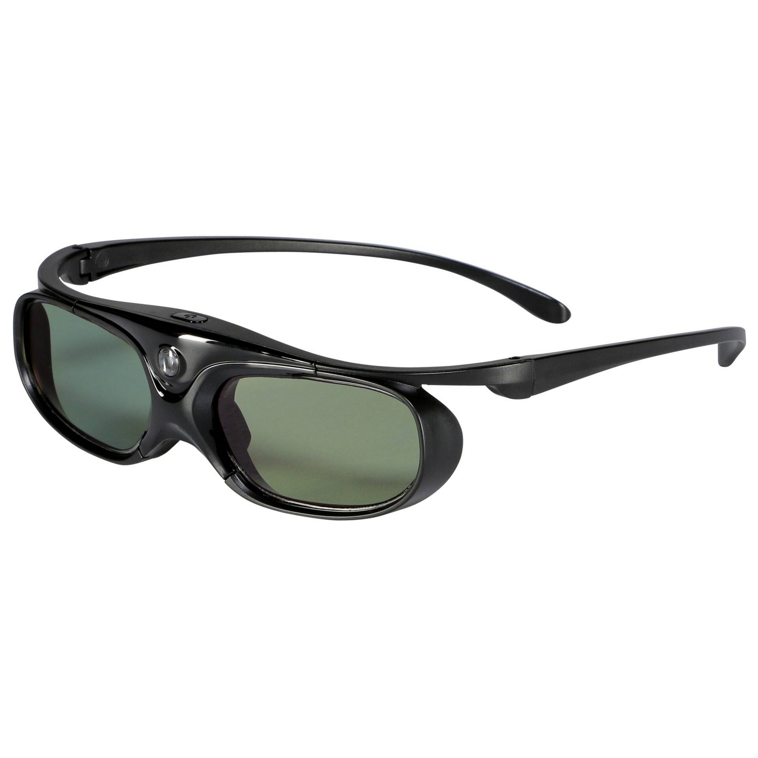 Black 3D glasses with a curved design and dark green lenses.