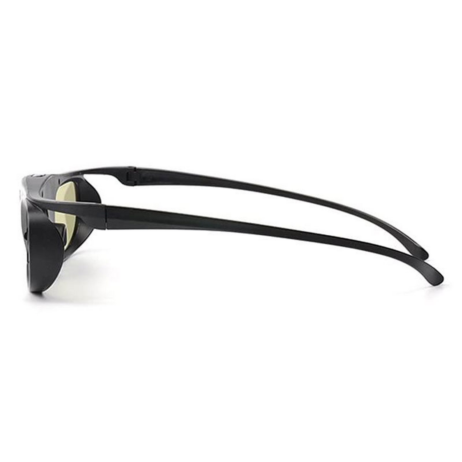 Black 3D glasses, side view, with yellow lenses.