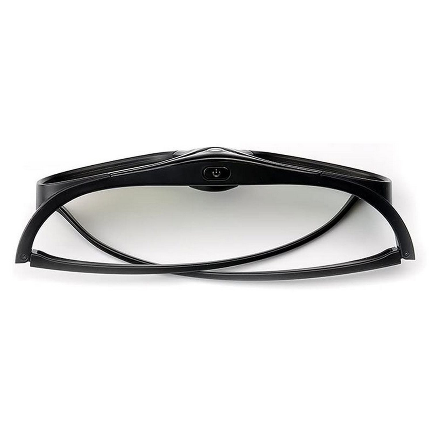 Black VR headset, open. Black frame with a lens. White background.